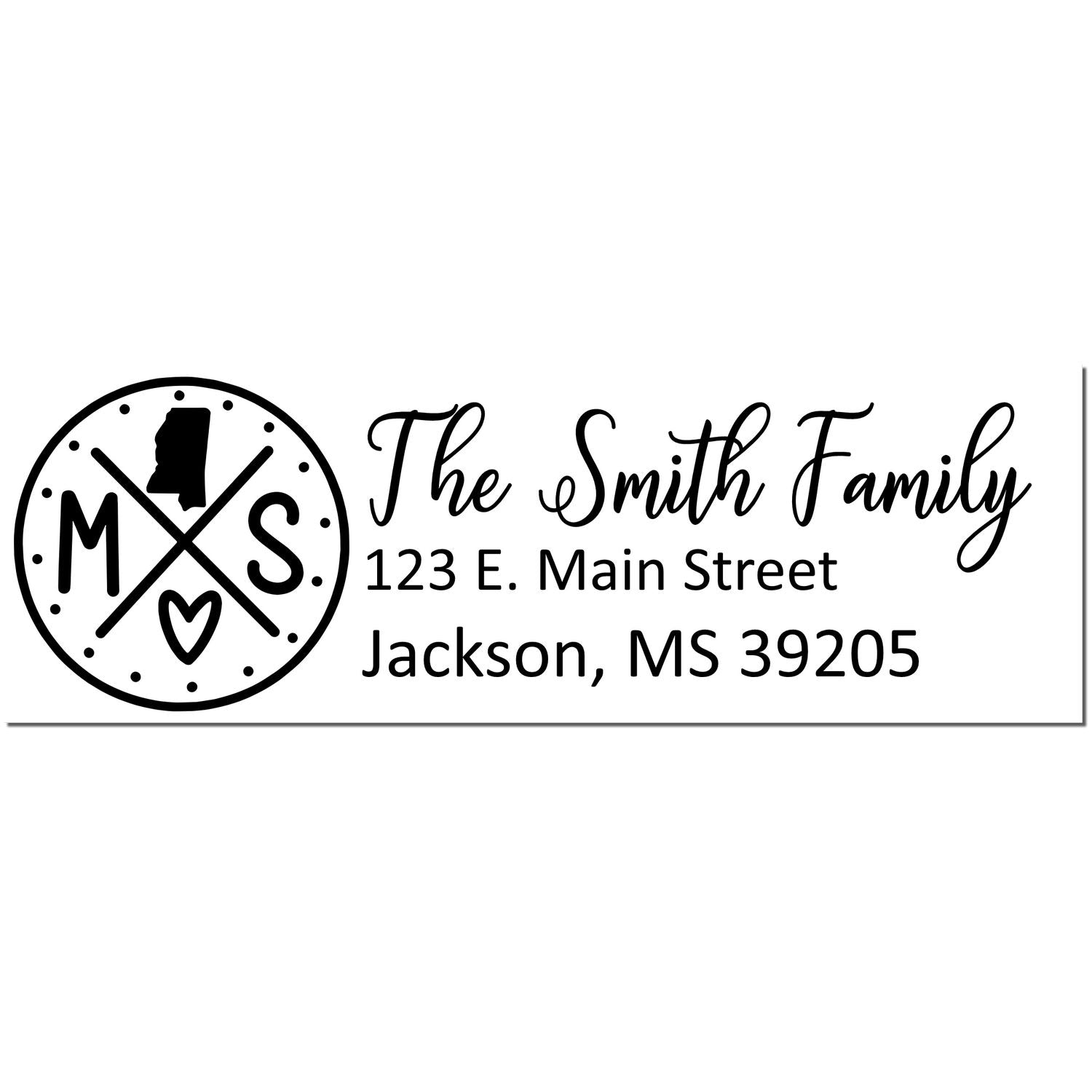 Mississippi State Pride Customized Address Stamp featuring The Smith Family with a circular MS design, heart, and address: 123 E. Main Street, Jackson, MS 39205.