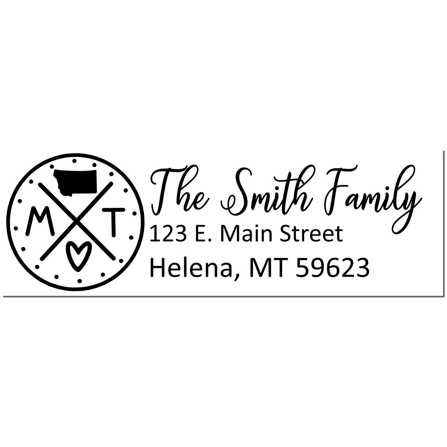 PSI Pre-Inked Montana State Pride Customized Address Stamp featuring a circular design with MT and a heart, personalized with The Smith Family and address in Helena, MT.