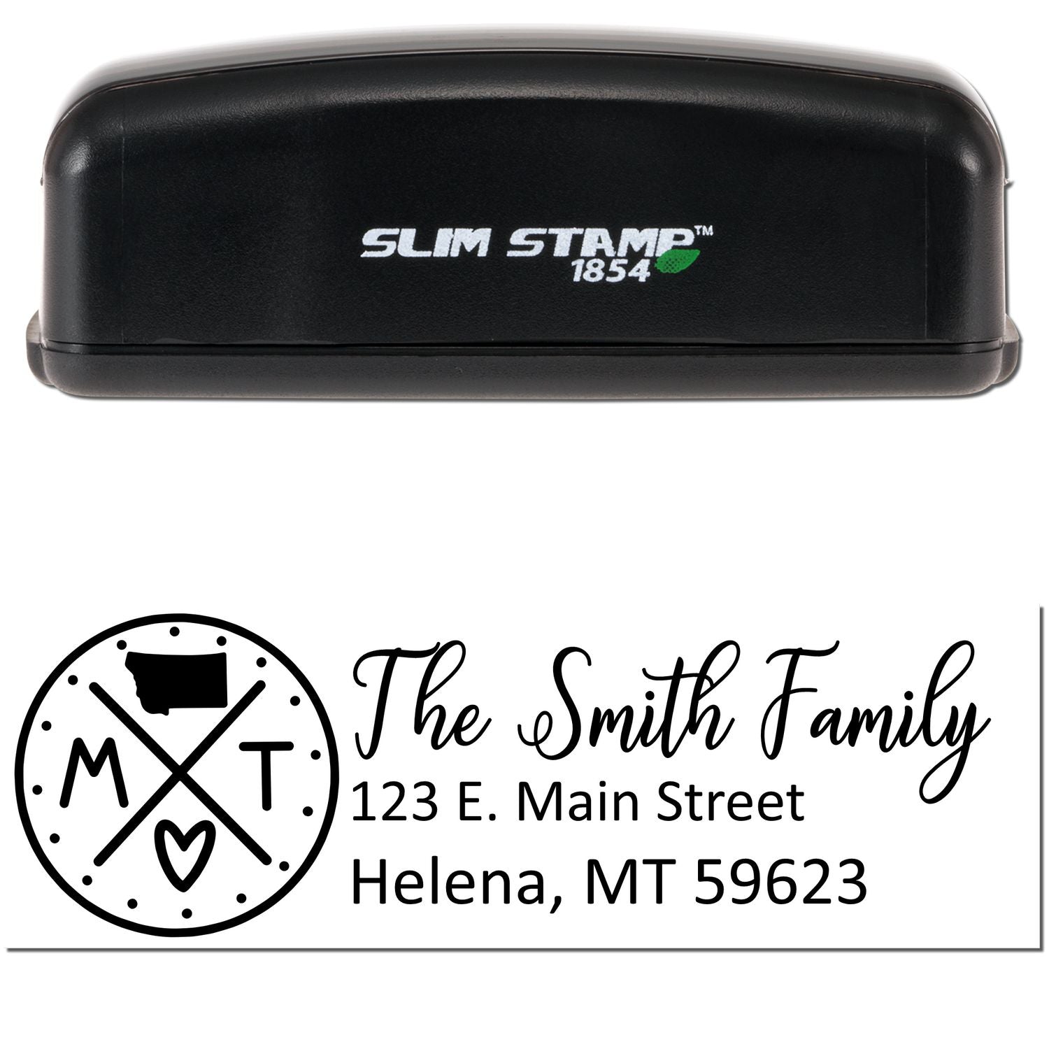 Slim Montana Customized Pre-Inked Address Stamp in black, featuring The Smith Family with an address in Helena, MT. Compact design with a personalized touch for efficient stamping.