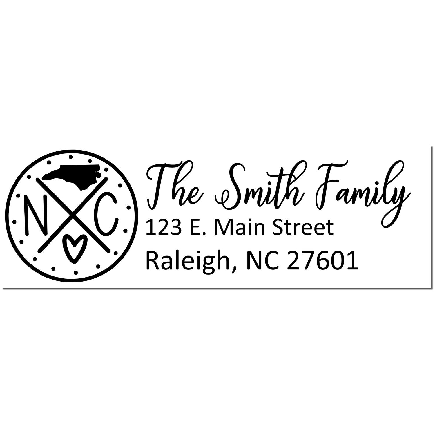 North Carolina State Pride Customized Address Stamp featuring a circular NC design with a heart, personalized with The Smith Family, 123 E. Main Street, Raleigh, NC 27601 in elegant script.