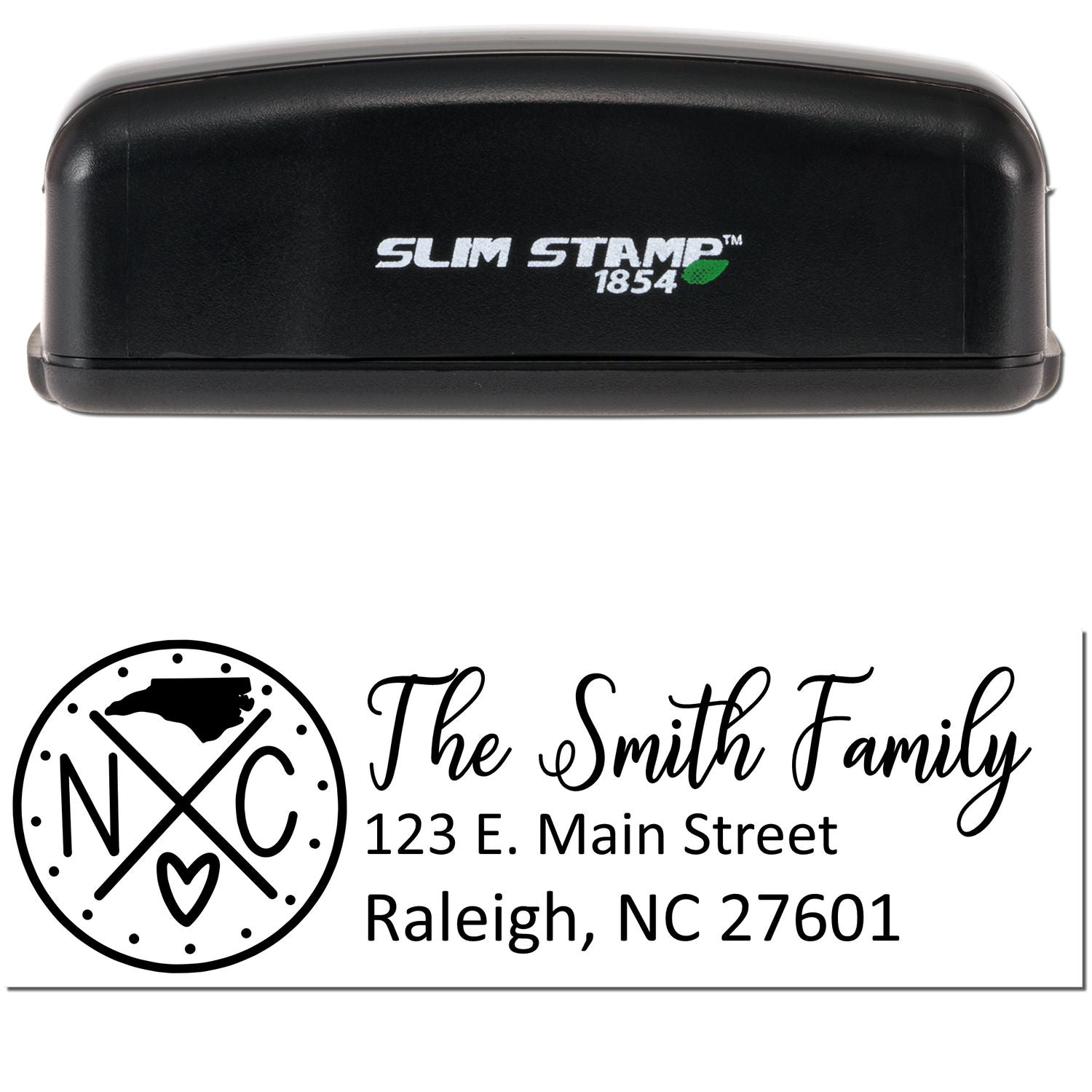 Image of a Slim North Carolina Customized Pre-Inked Address Stamp with a black casing. The stamp imprint shows The Smith Family and an address in Raleigh, NC, with a decorative NC logo.