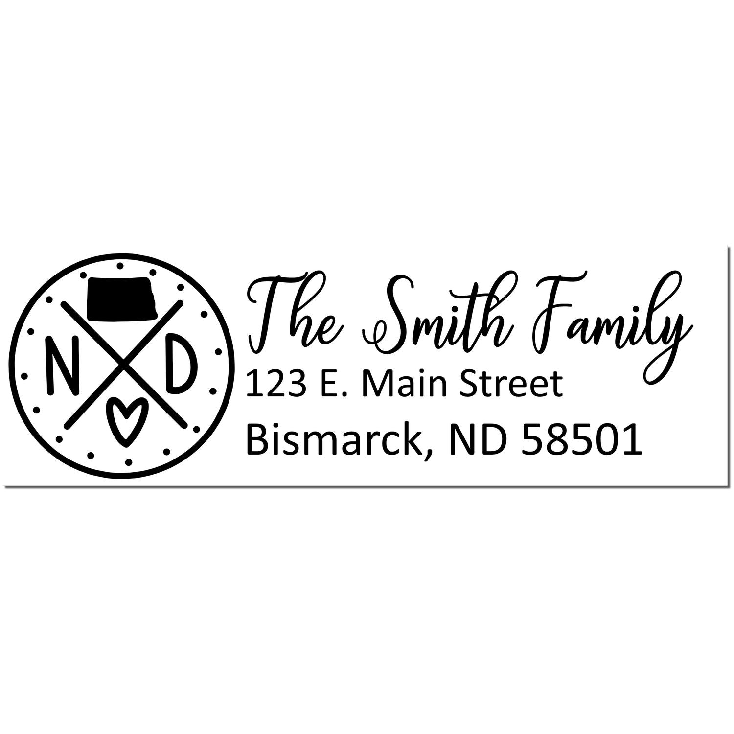 Self-Inking State Love of North Dakota Custom Address Stamp featuring The Smith Family, with a North Dakota map, heart, and address: 123 E. Main Street, Bismarck, ND 58501.