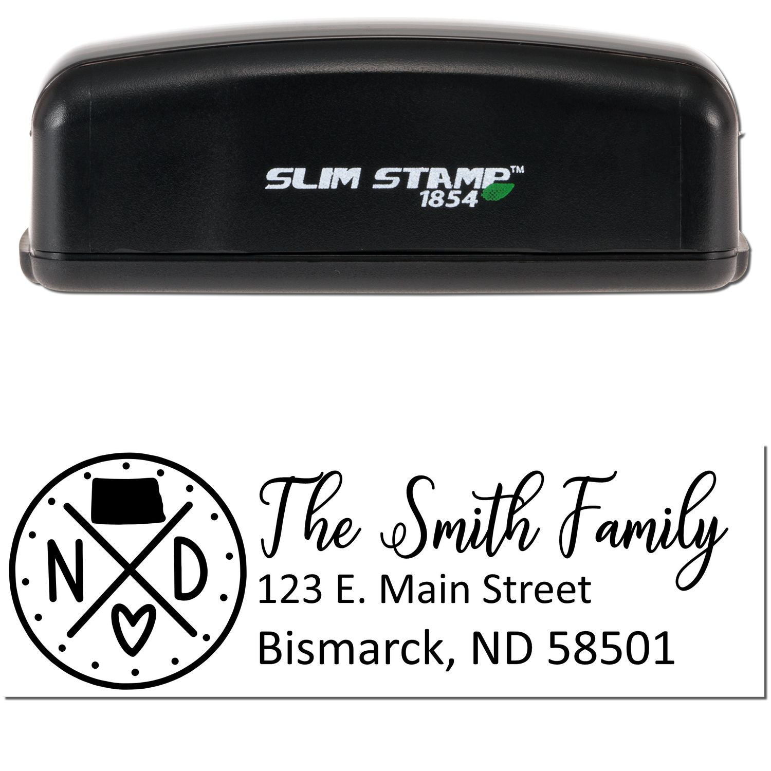 Image of a Slim North Dakota Customized Pre-Inked Address Stamp with a black casing. The stamp imprint shows The Smith Family, 123 E. Main Street, Bismarck, ND 58501 with a decorative ND logo.