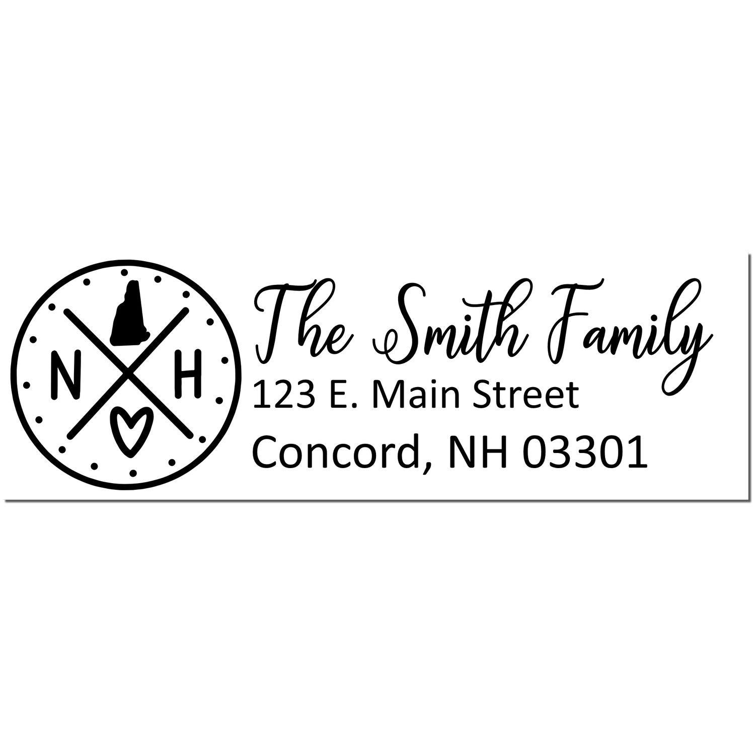 New Hampshire State Pride Customized Address Stamp featuring a circular design with NH and a heart, personalized with The Smith Family and their address in elegant script.