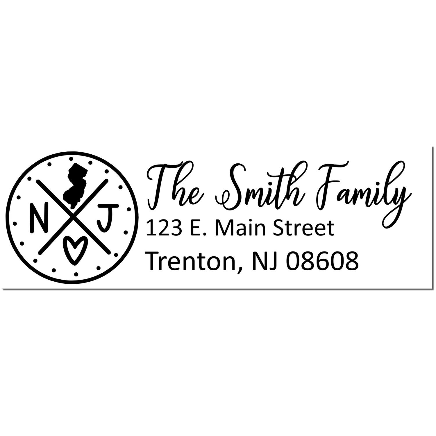 New Jersey State Pride Customized Address Stamp featuring a circular NJ design with a heart, personalized with 'The Smith Family' and address in elegant script.