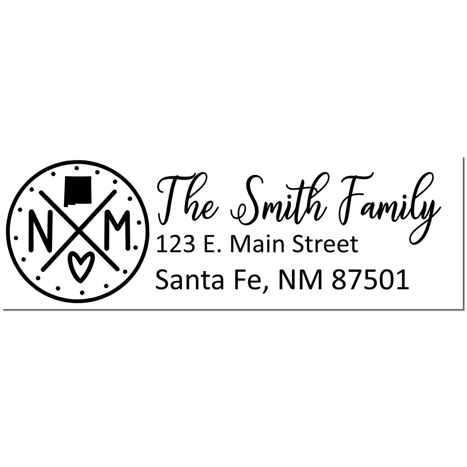 Self-Inking State Love of New Mexico Custom Address Stamp featuring a circular design with NM, a heart, and a state outline. Personalized with The Smith Family, 123 E. Main Street, Santa Fe, NM 87501.