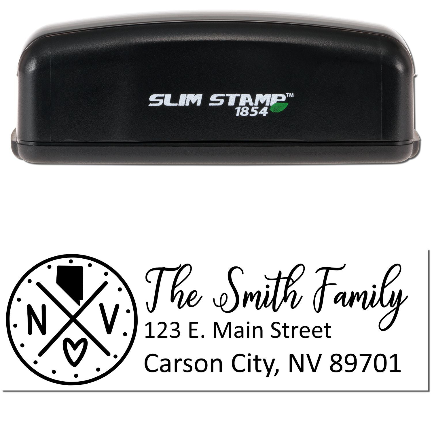 Slim Nevada Customized Pre-Inked Address Stamp with black casing, featuring personalized address and decorative Nevada-themed design.