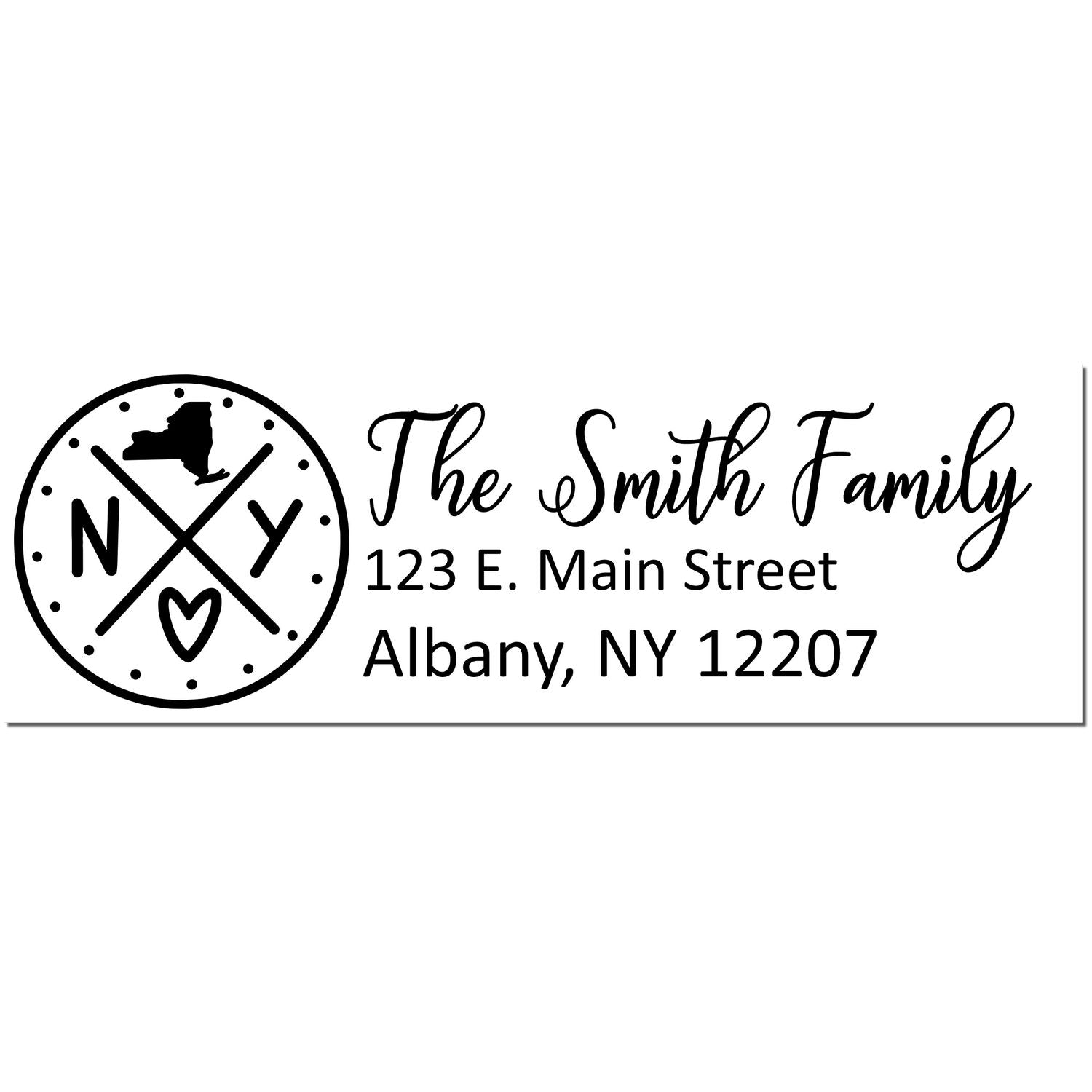 Slim New York Customized Pre-Inked Address Stamp featuring a circular NY design with a heart and state outline, personalized with The Smith Family, 123 E. Main Street, Albany, NY 12207.