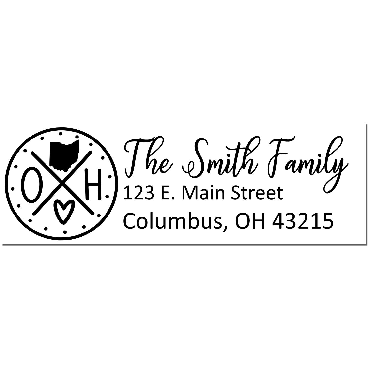 Self-Inking State Love of Ohio Custom Address Stamp featuring The Smith Family, Ohio map, and heart design. Includes address: 123 E. Main Street, Columbus, OH 43215. Black ink imprint.