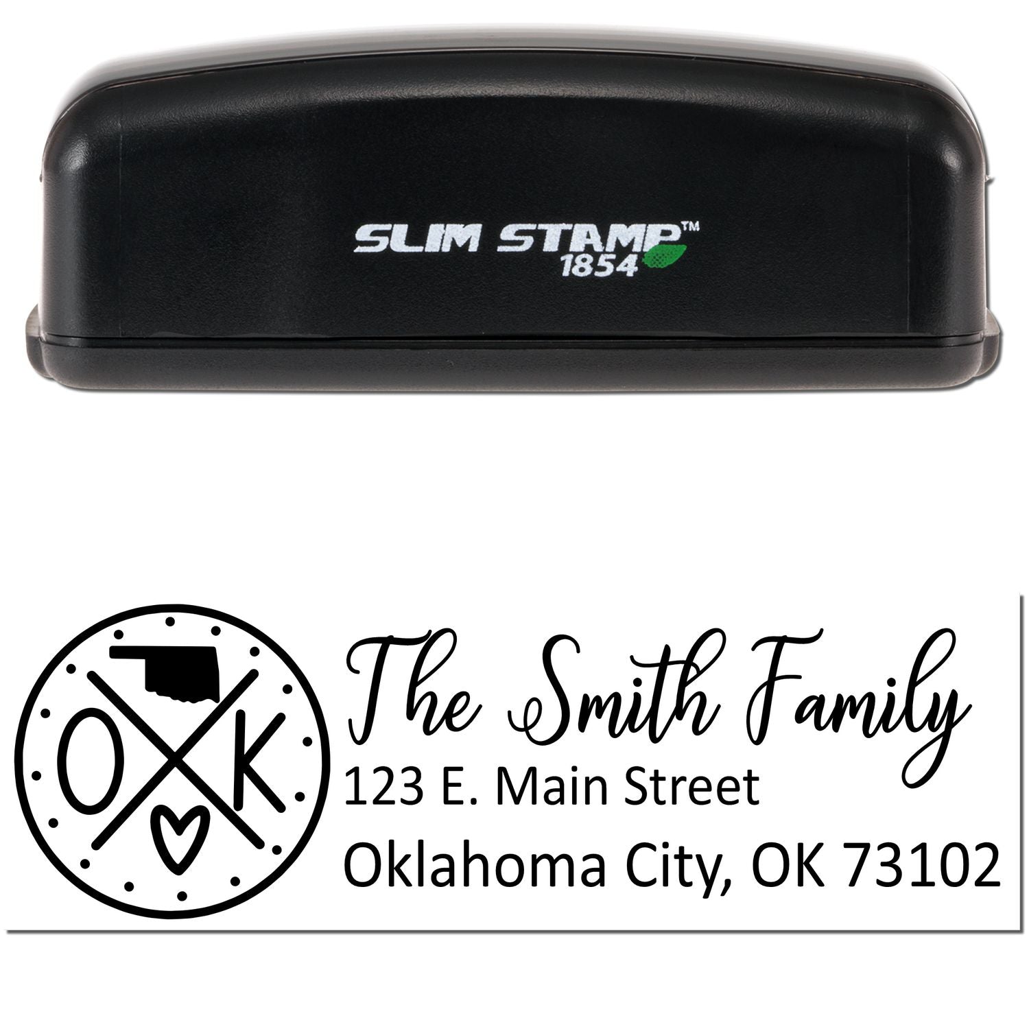 Slim Oklahoma Customized Pre-Inked Address Stamp with 'The Smith Family' and Oklahoma City address, featuring a sleek black design and state-themed logo.