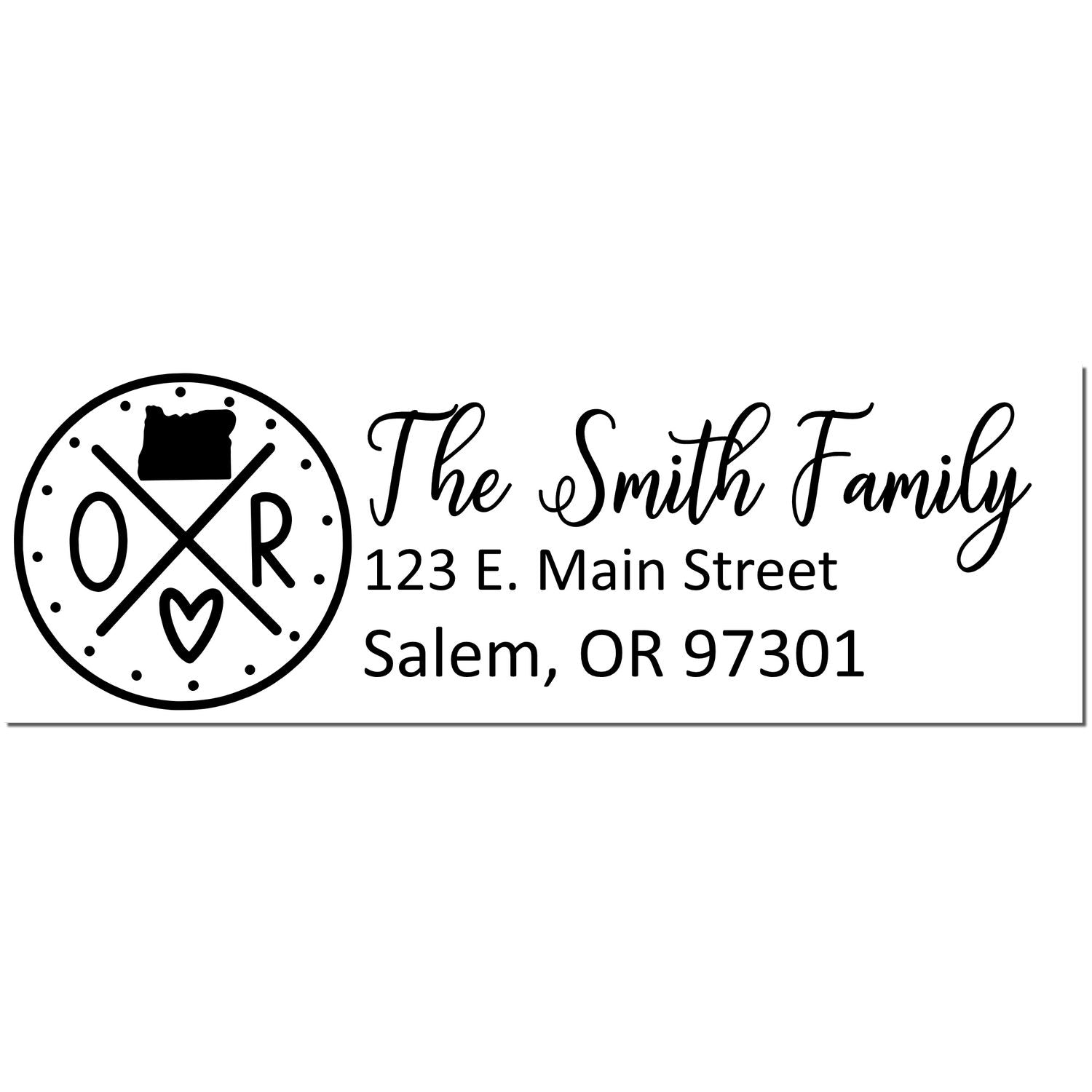 Oregon State Pride Customized Address Stamp featuring a circular design with OR and a heart, personalized with The Smith Family and an address in Salem, OR.