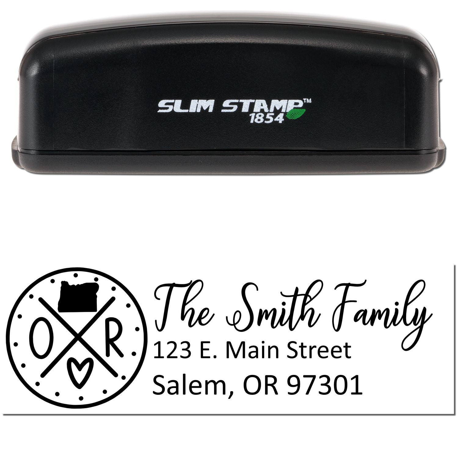 Image of a Slim Oregon Customized Pre-Inked Address Stamp in black, featuring a personalized address for The Smith Family with an Oregon-themed design.