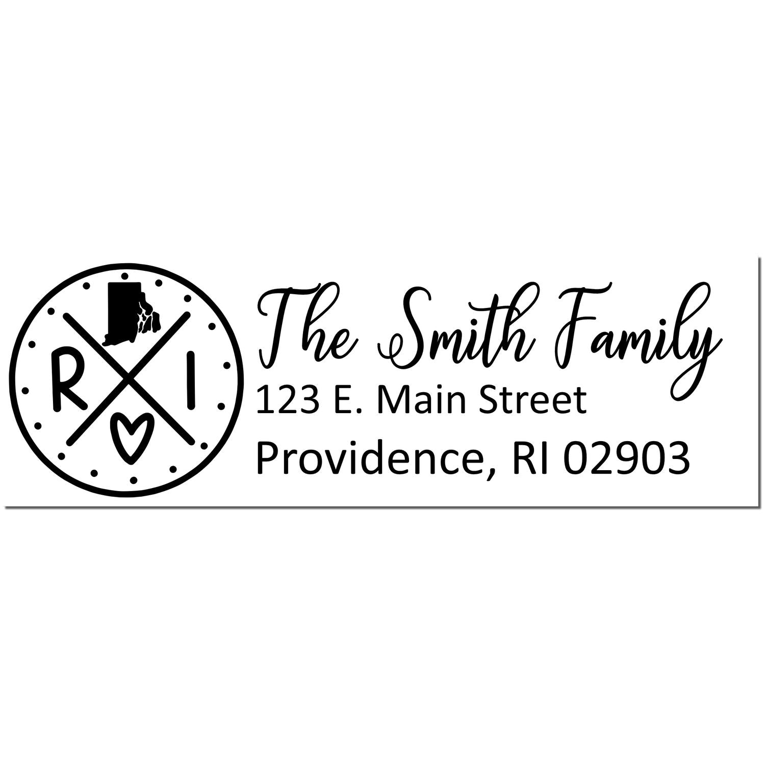 Rhode Island State Pride Customized Address Stamp featuring a circular design with RI and a heart, personalized with The Smith Family and address in Providence, RI.