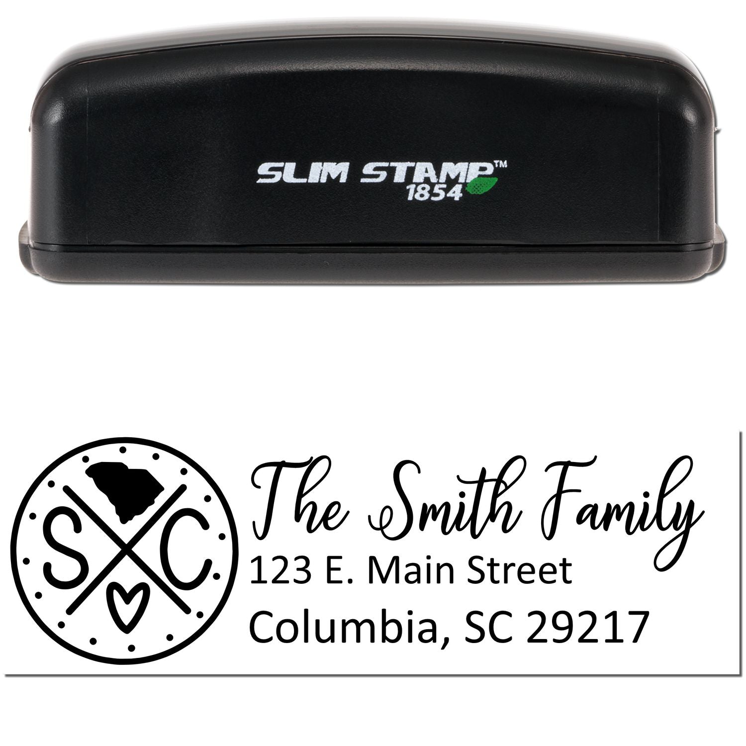 Slim South Carolina Customized Pre-Inked Address Stamp in black, featuring The Smith Family with address details and a decorative SC logo. Compact design for efficient stamping.