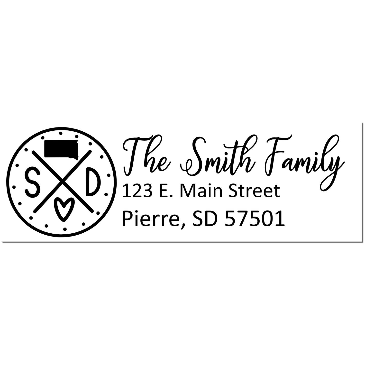 South Dakota State Pride Customized Address Stamp featuring a circular design with SD and a heart, personalized with The Smith Family and address in Pierre, SD.