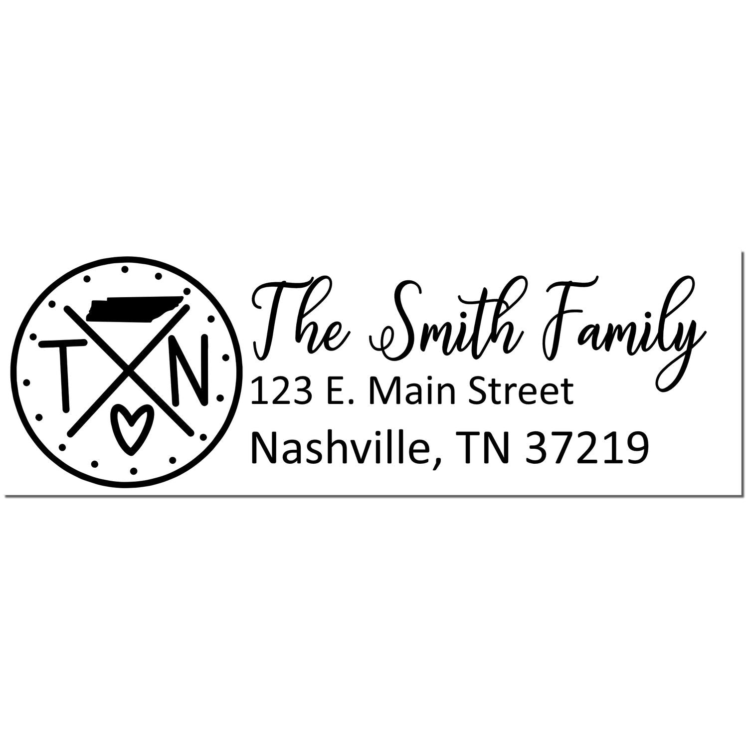 Slim Tennessee Customized Pre-Inked Address Stamp featuring a circular TN design with a heart, personalized with The Smith Family, and an address in Nashville, TN.