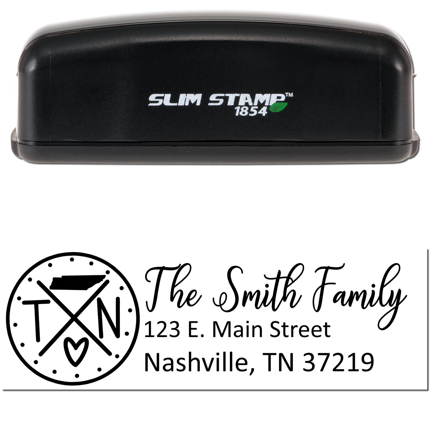 Image of a Slim Tennessee Customized Pre-Inked Address Stamp with a black casing. The stamp imprint shows The Smith Family and an address in Nashville, TN, featuring a Tennessee state design.