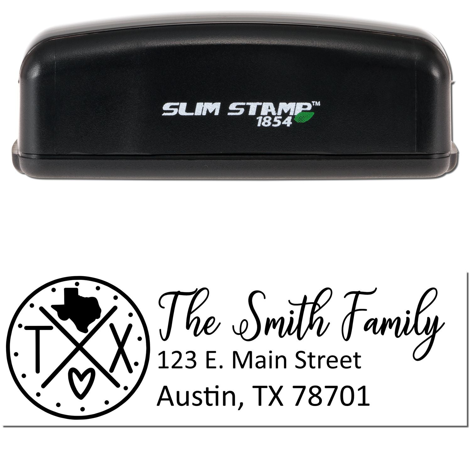 Slim Texas Customized Pre-Inked Address Stamp in black, featuring The Smith Family with an address in Austin, TX. Compact design with a Texas-themed logo.