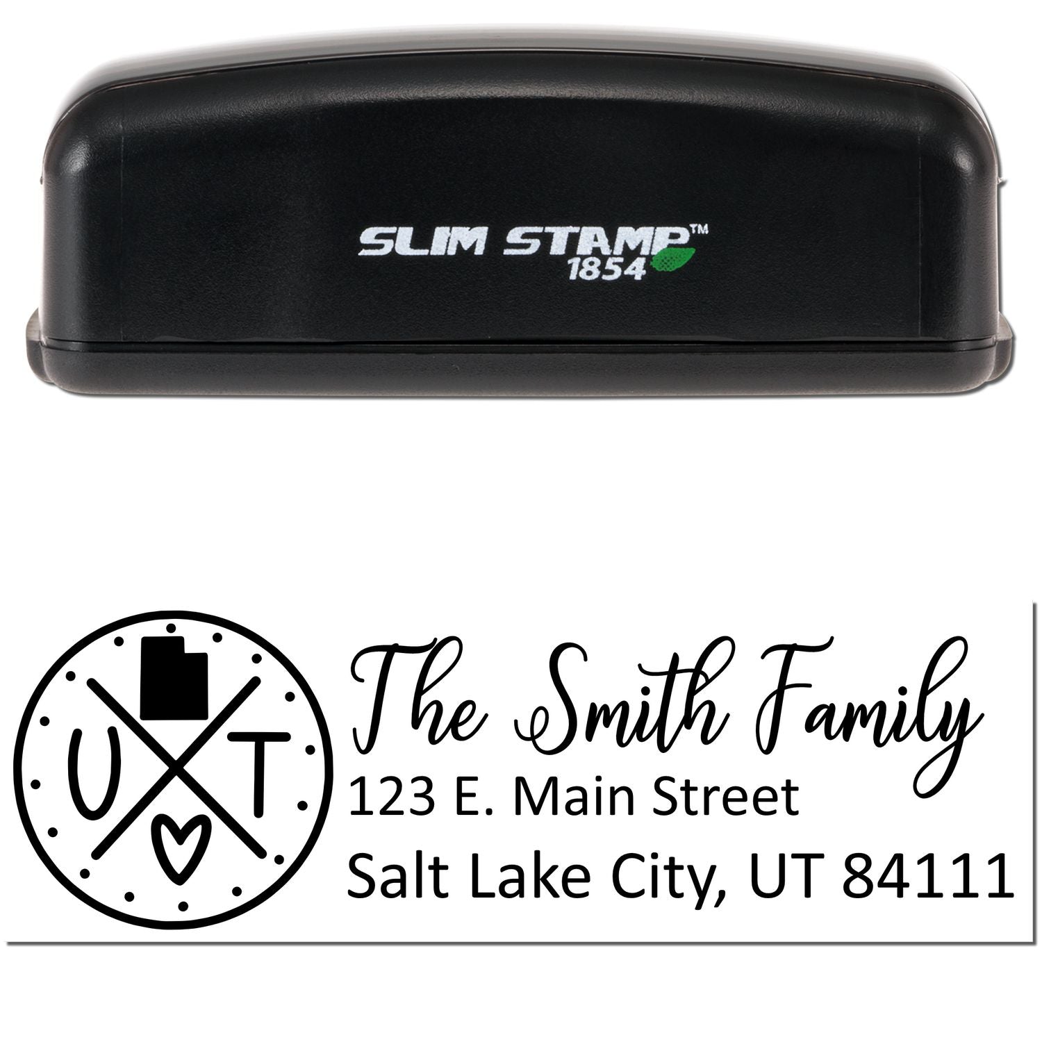 Image of a Slim Utah Customized Pre-Inked Address Stamp with a black casing. The stamp imprint shows The Smith Family, 123 E. Main Street, Salt Lake City, UT 84111 with a decorative Utah-themed design.