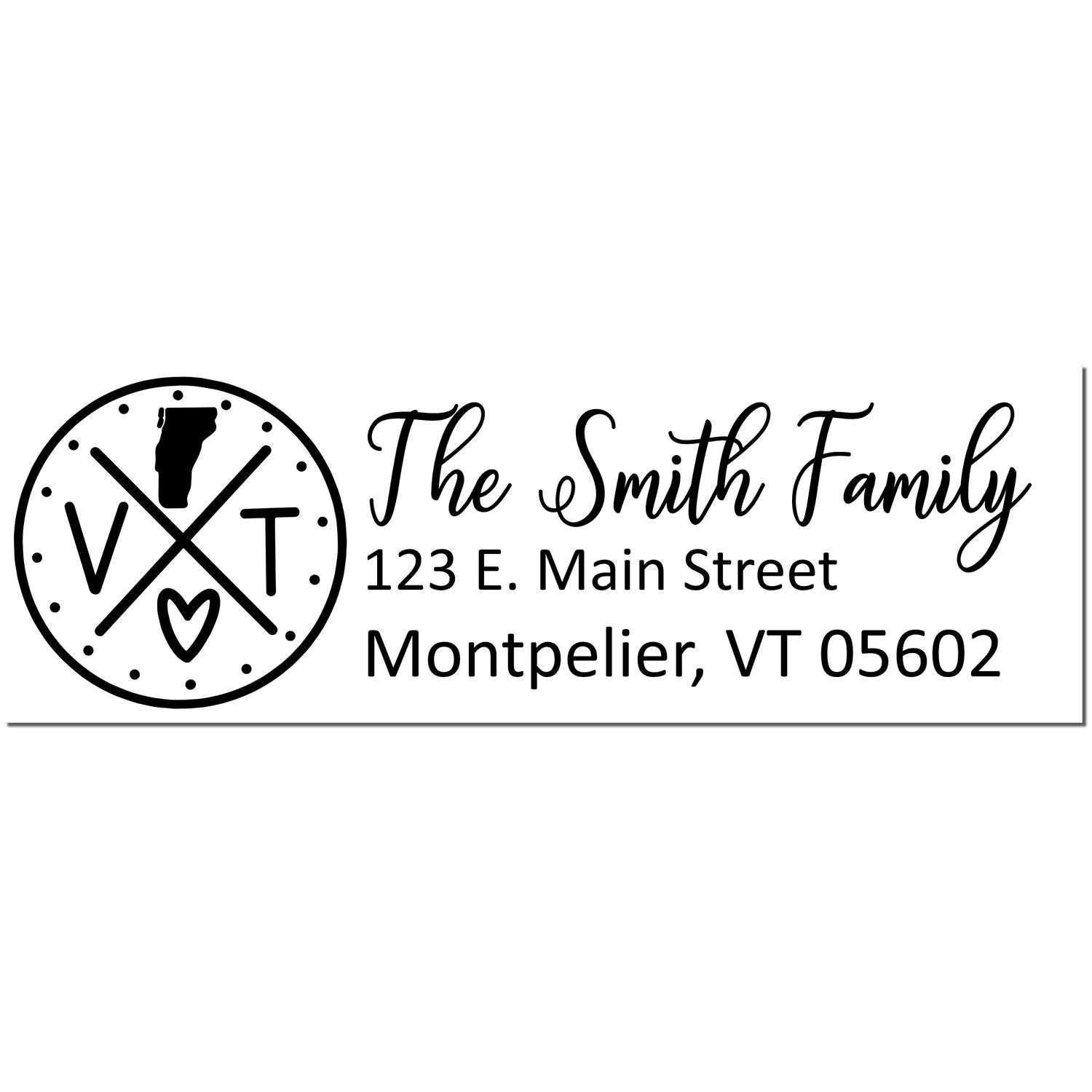 Slim Vermont Customized Pre-Inked Address Stamp featuring a circular VT design with a heart, and personalized text: The Smith Family, 123 E. Main Street, Montpelier, VT 05602 in elegant font.