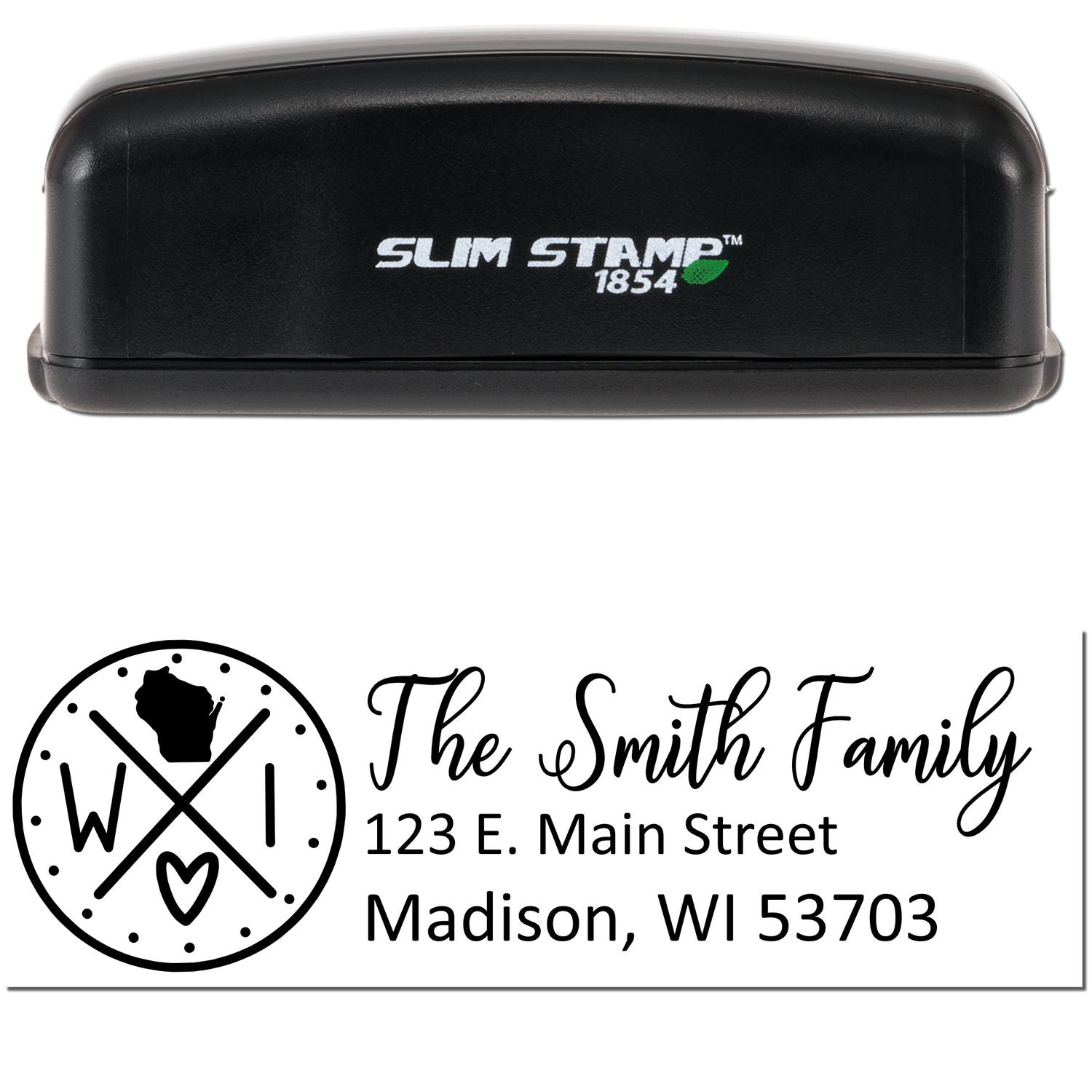 Slim Wisconsin Customized Pre-Inked Address Stamp with black casing, featuring a personalized address design for The Smith Family in Madison, WI.