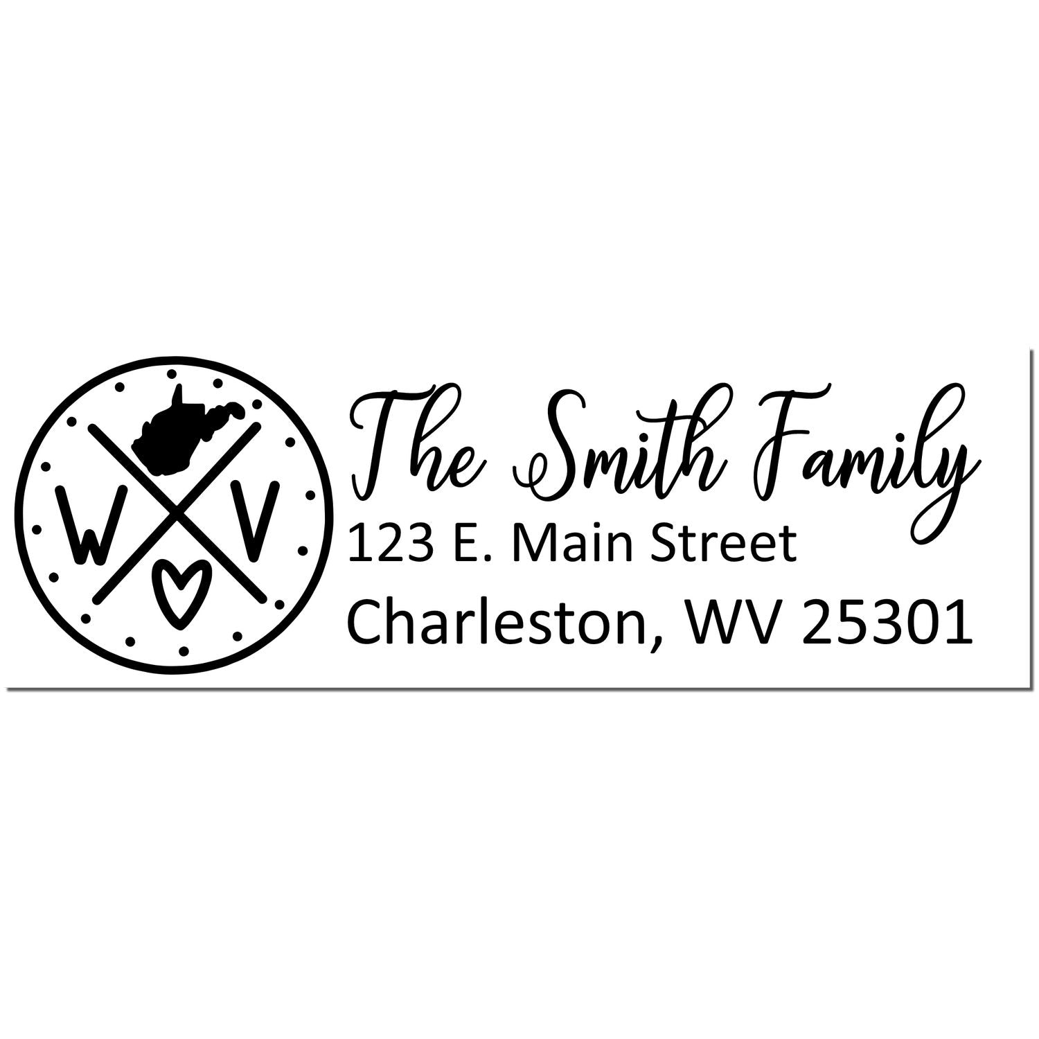 Self-Inking State Love of West Virginia Custom Address Stamp featuring a circular design with WV and a heart, alongside personalized address text for The Smith Family in Charleston, WV.