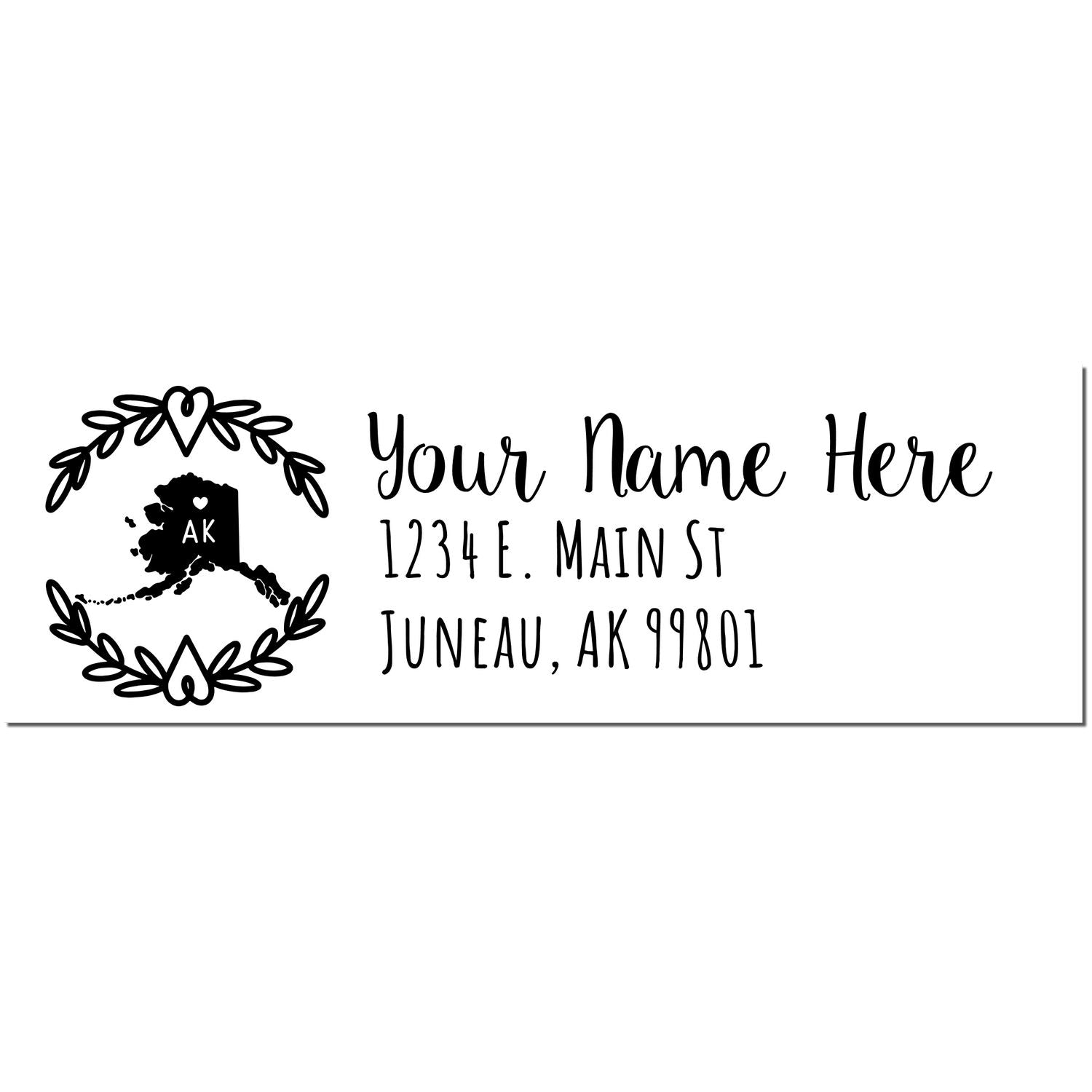 Alaska State Custom Return Address Stamp featuring a map outline with AK inside, surrounded by a heart wreath. Personalized text area for name and address in a stylish font.