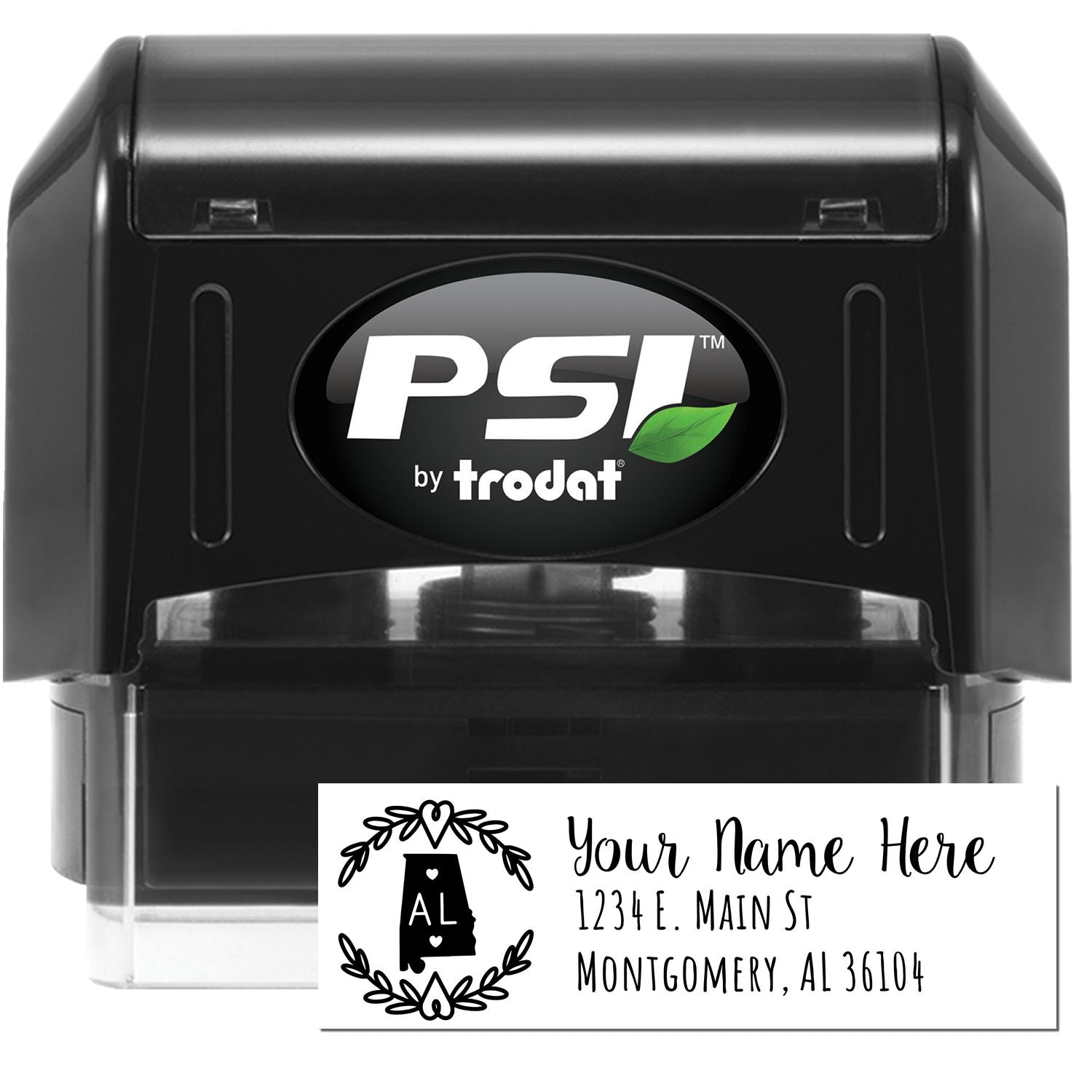 PSI Pre-Inked Alabama State Customized Address Stamp, black casing, with sample address text. Ideal for personalizing mail with Alabama state design.