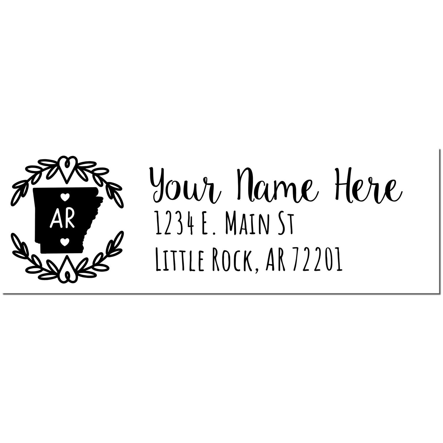 PSI Pre-Inked Arkansas State Customized Address Stamp featuring a heart-accented Arkansas outline and space for personalized name and address in elegant black font.