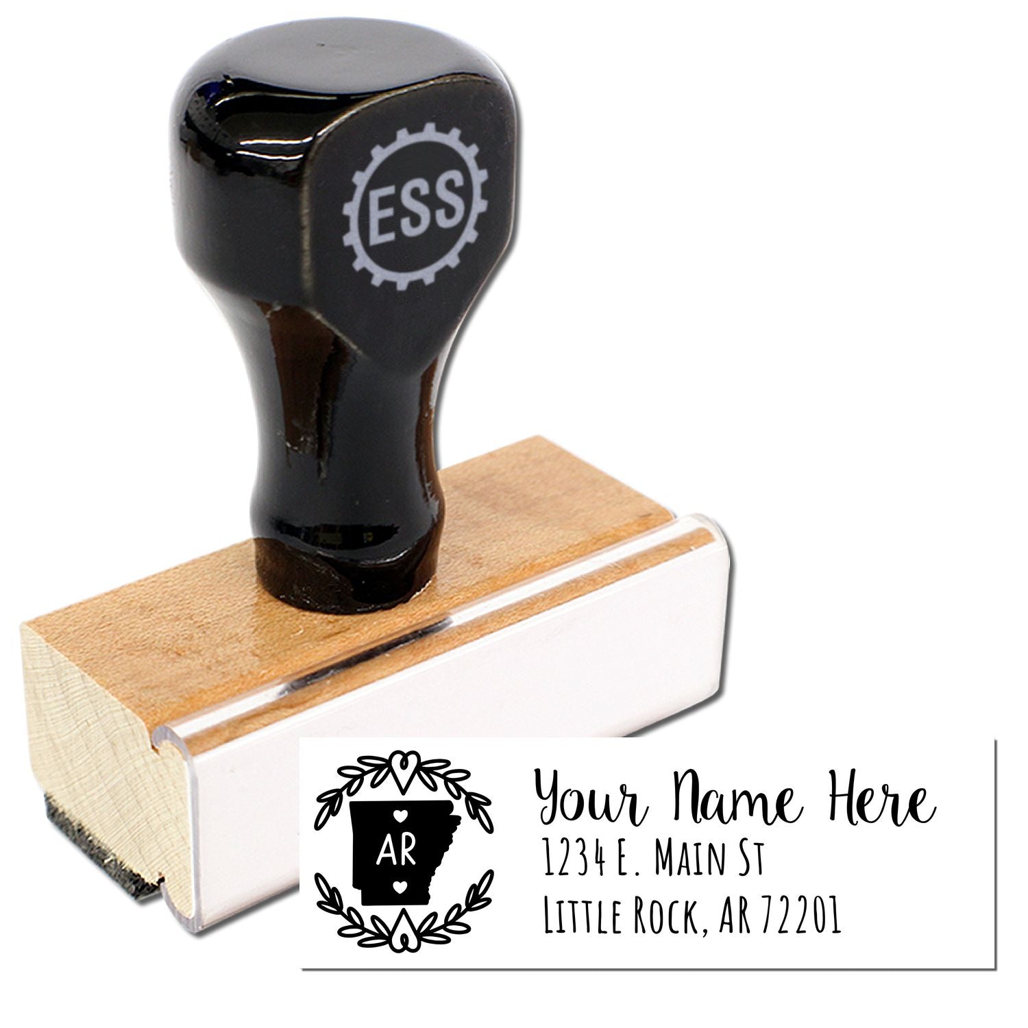 Image of the Arkansas State Custom Return Address Stamp with a wooden handle and black top, featuring a sample address: Your Name Here, 1234 E. Main St, Little Rock, AR 72201 in elegant font.