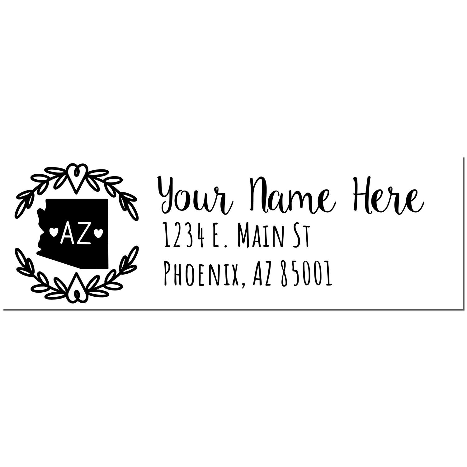 PSI Pre-Inked Arizona State Customized Address Stamp featuring a decorative border with hearts, state outline, and space for personalized name and address in a stylish font.