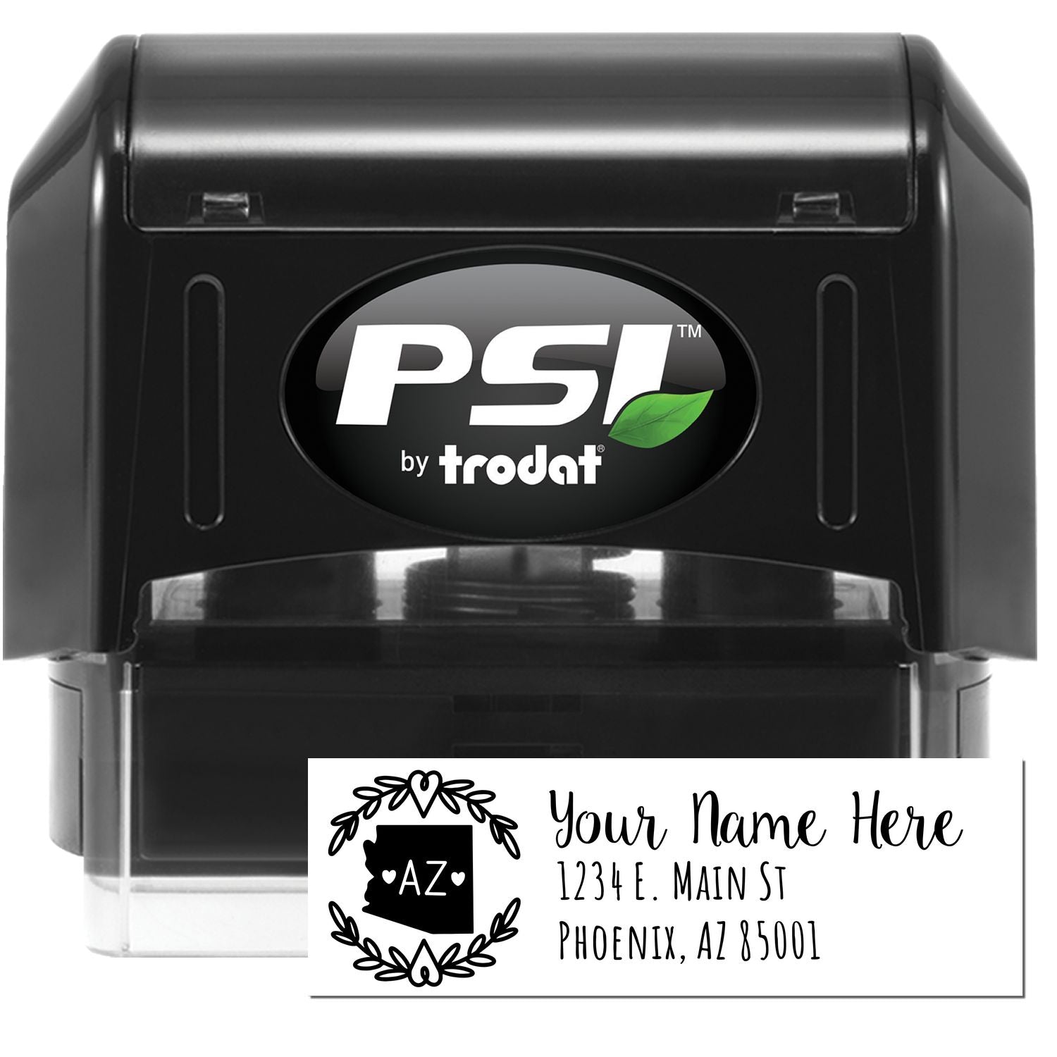 Image of a PSI Pre-Inked Arizona State Customized Address Stamp, featuring a black casing and a sample imprint with a customizable name and address in Phoenix, AZ.