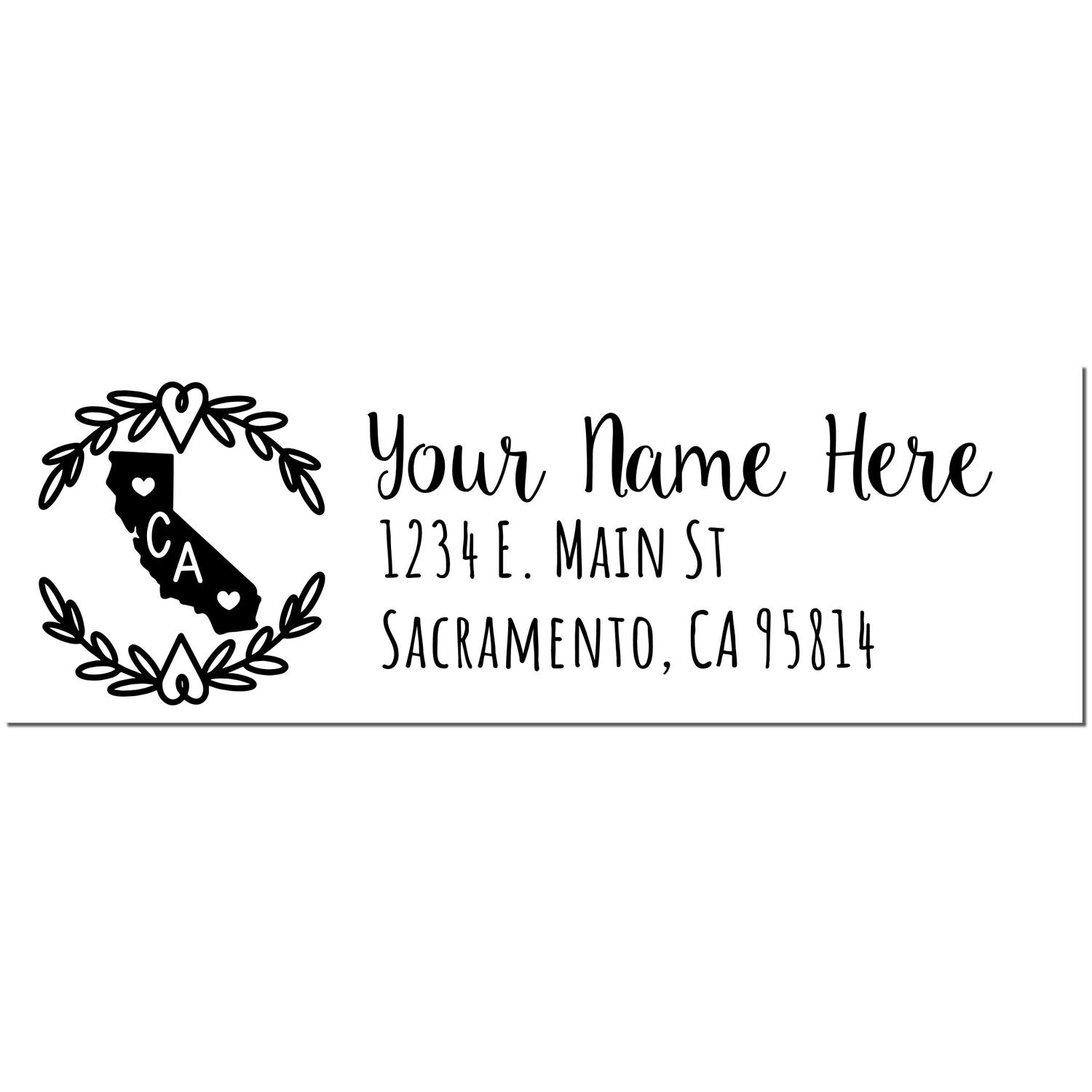 PSI Pre-Inked California State Customized Address Stamp featuring a heart-accented California outline and space for personalized name and address in elegant script.