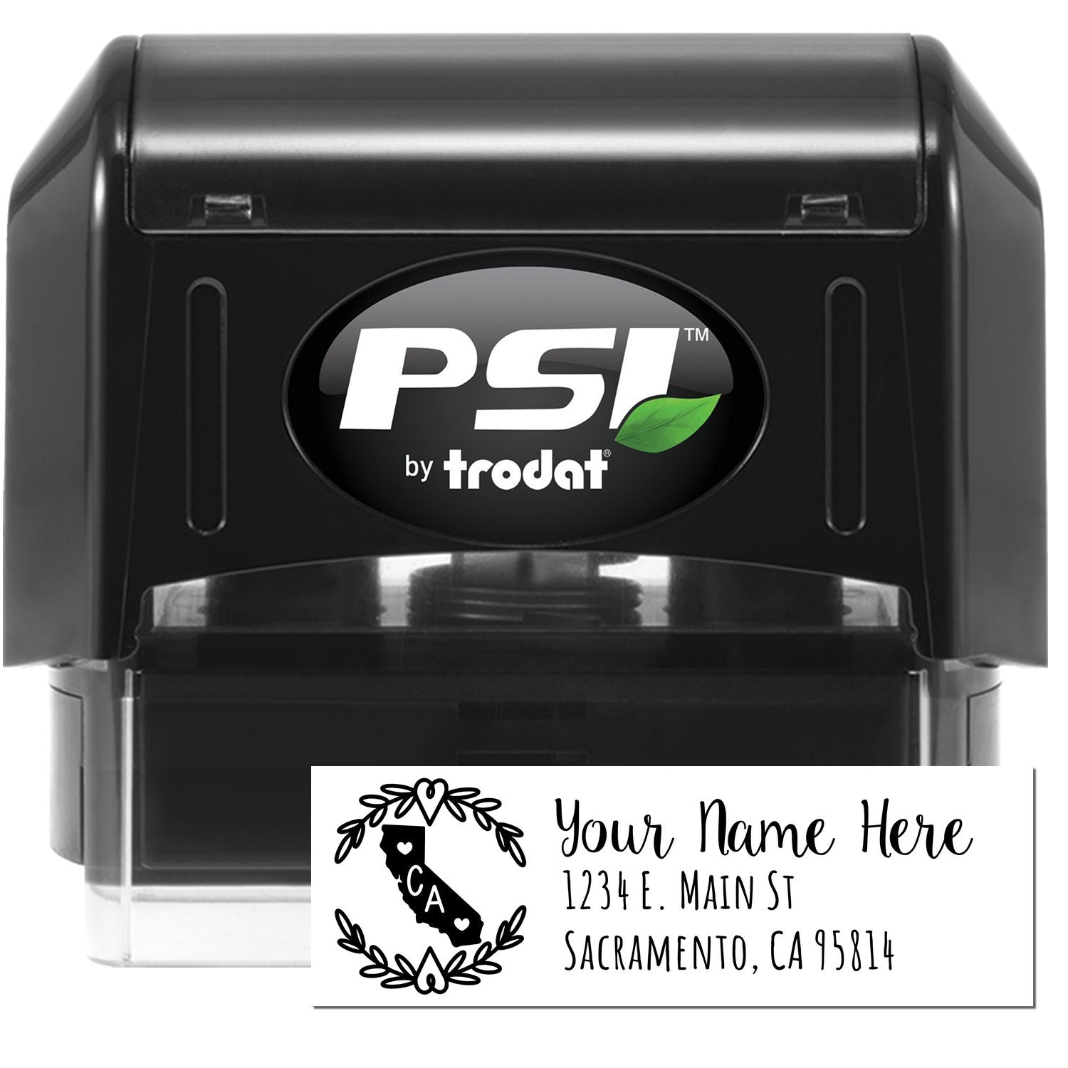 PSI Pre-Inked California State Customized Address Stamp with black casing, featuring a sample address and state outline design. Ideal for personalized stamping needs.