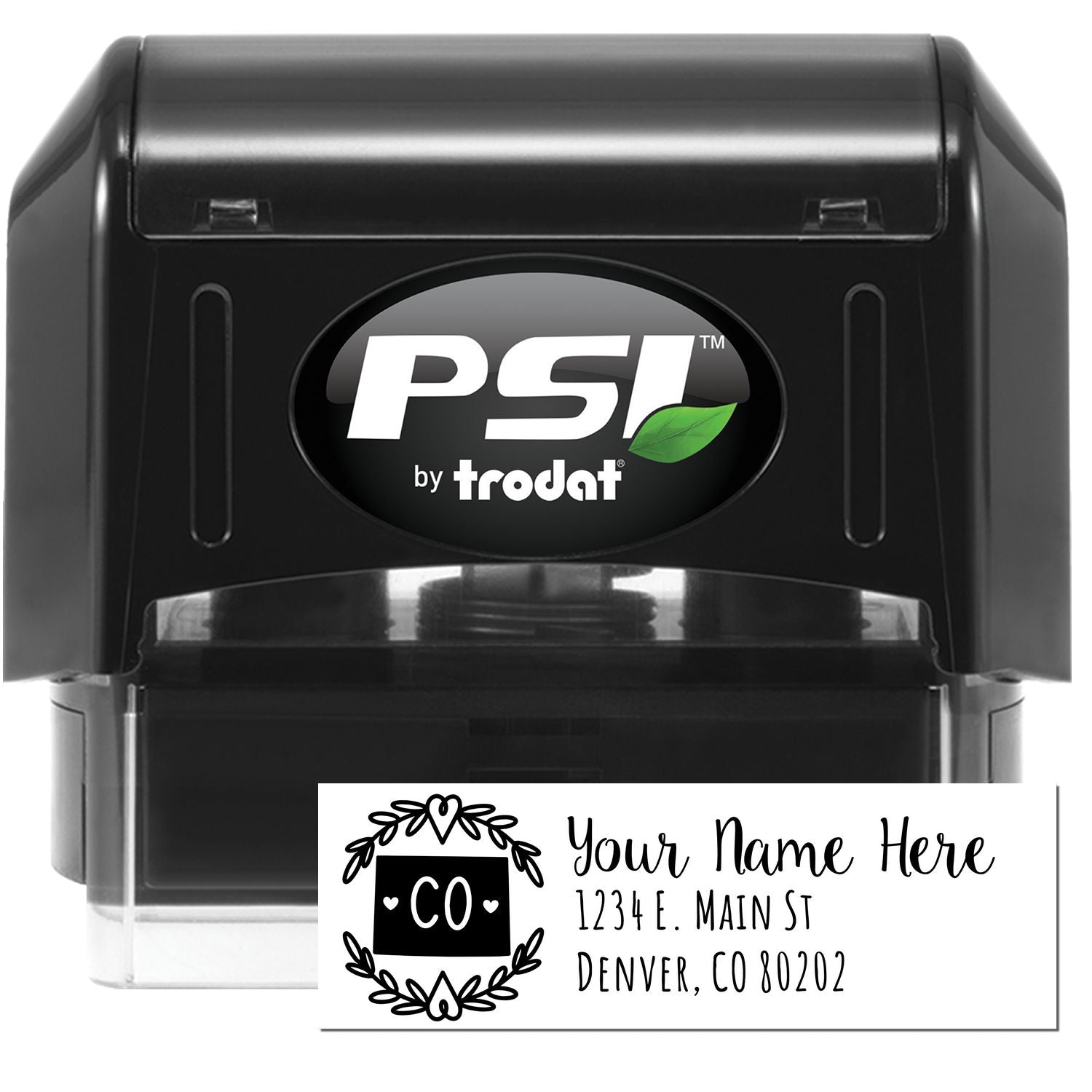 PSI Pre-Inked Colorado State Customized Address Stamp, black casing, features a floral CO design with customizable name and address. Ideal for personalizing mail with ease and style.