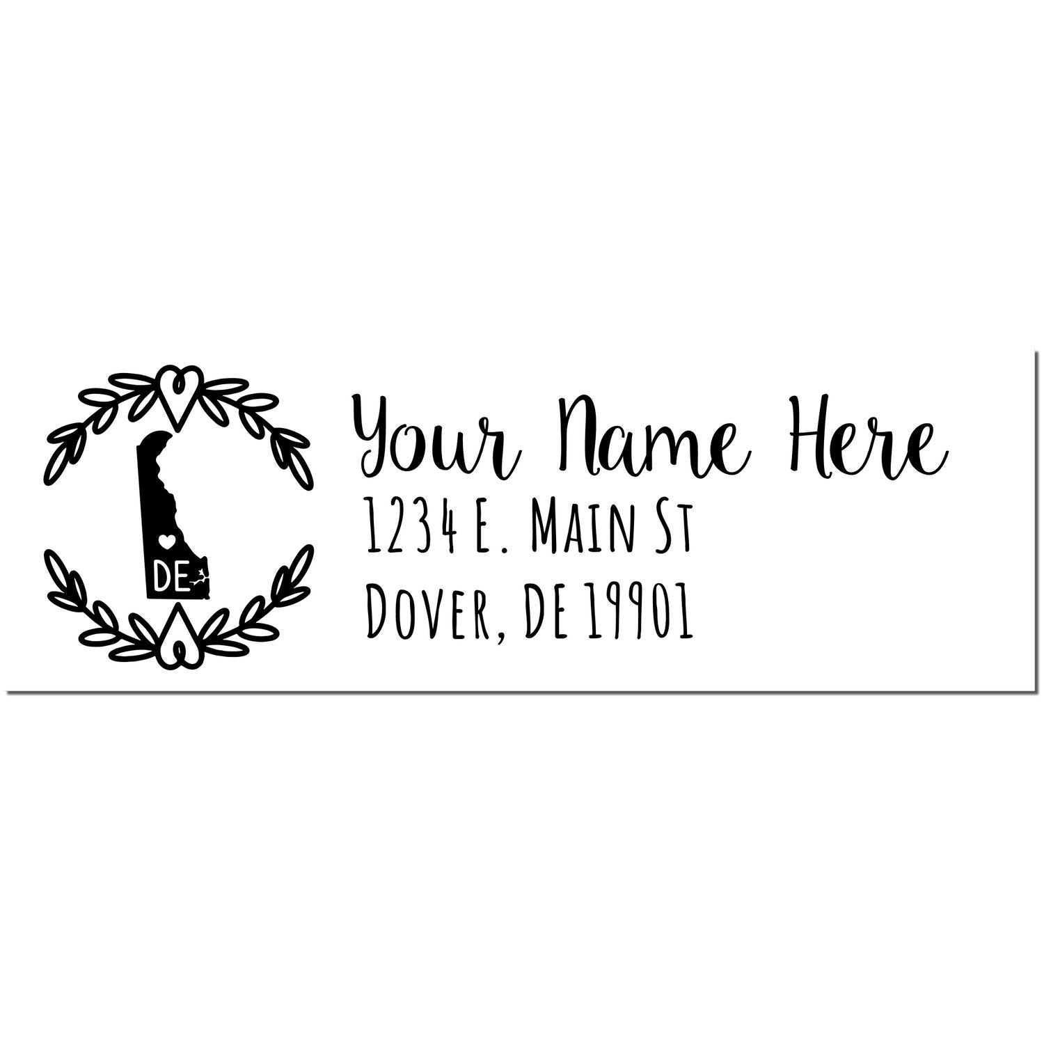 Delaware State Custom Return Address Stamp featuring a heart-accented Delaware outline. Personalize with your name and address in elegant script. Perfect for adding a personal touch to mail.