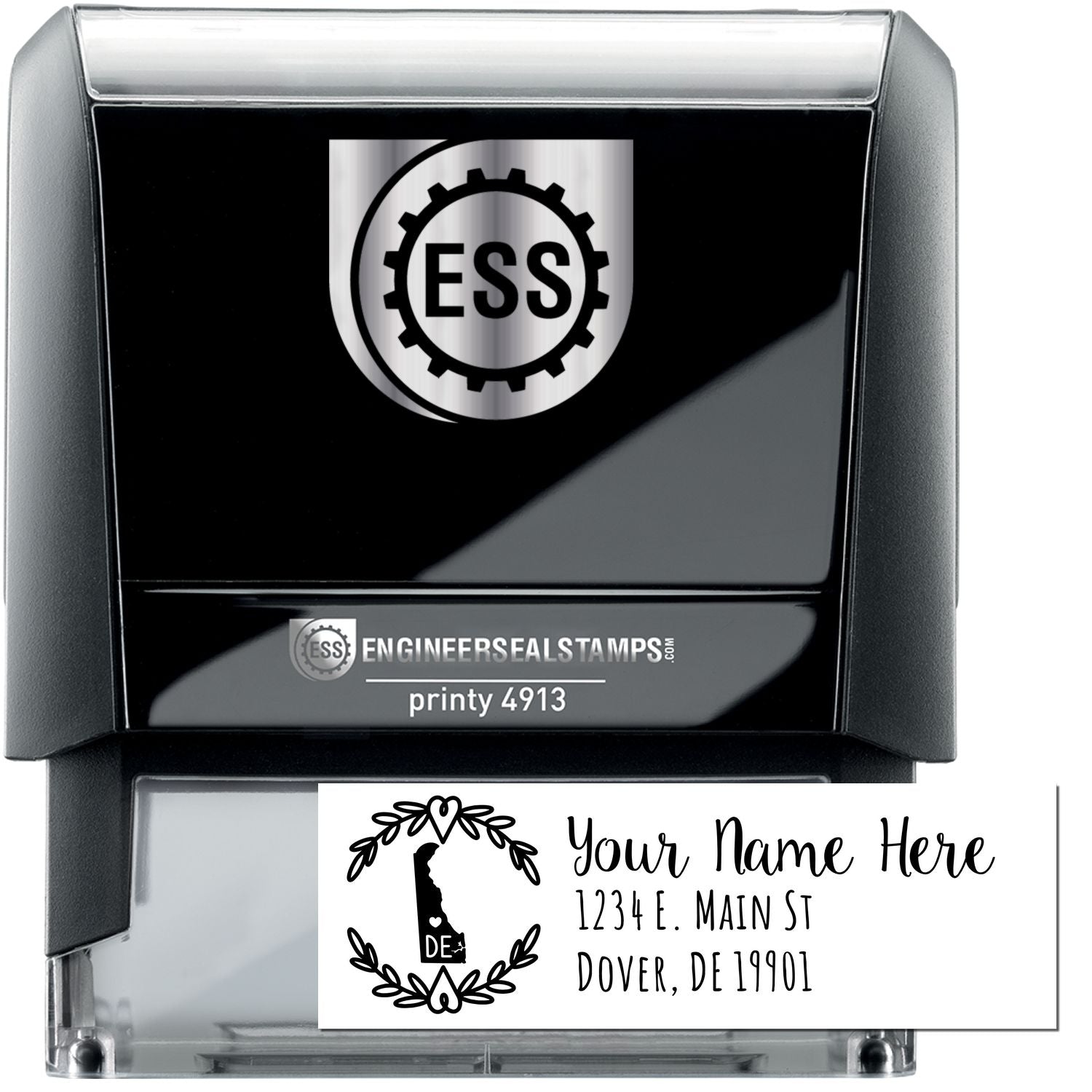 Self-Inking State Wreath of Delaware Address Stamp with a black casing, featuring a Delaware state outline and wreath design. Personalize with your name and address for efficient stamping.