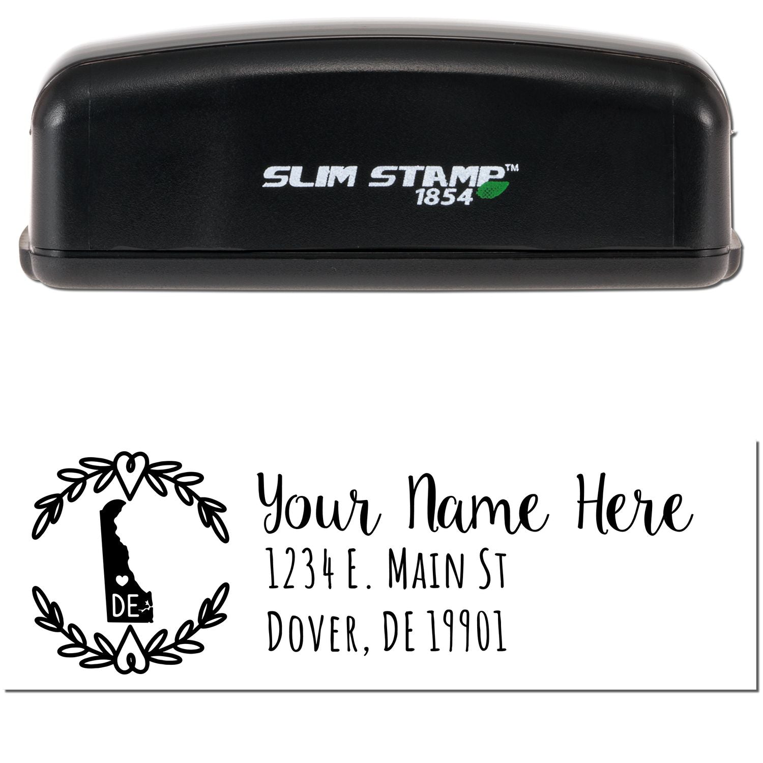 Slim Delaware Personalized Pre-Inked Address Stamp with black casing, featuring customizable text and a Delaware state outline design. Ideal for personalizing mail with ease.