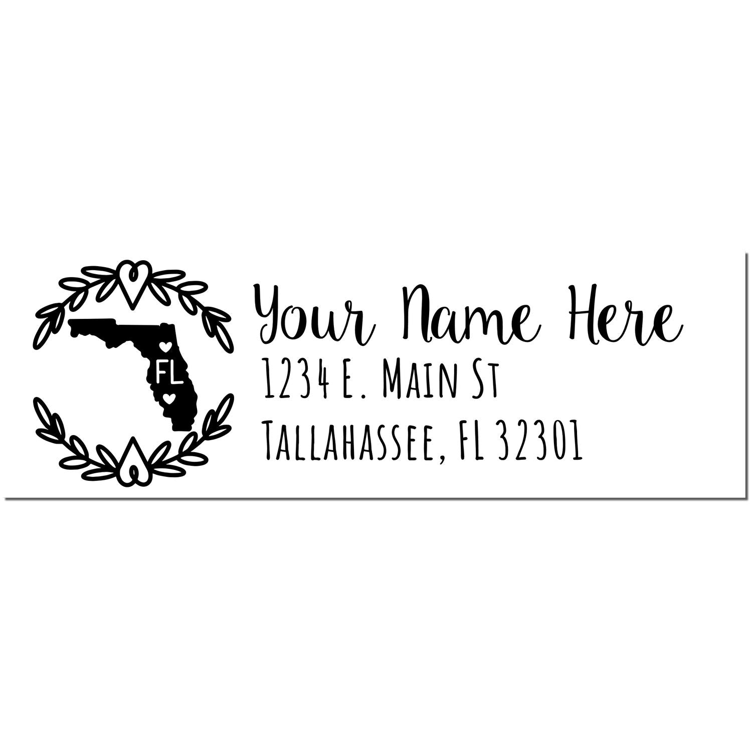 PSI Pre-Inked Florida State Customized Address Stamp featuring a floral design around the state outline, personalized with name and address in elegant font. Perfect for adding a personal touch to mail.