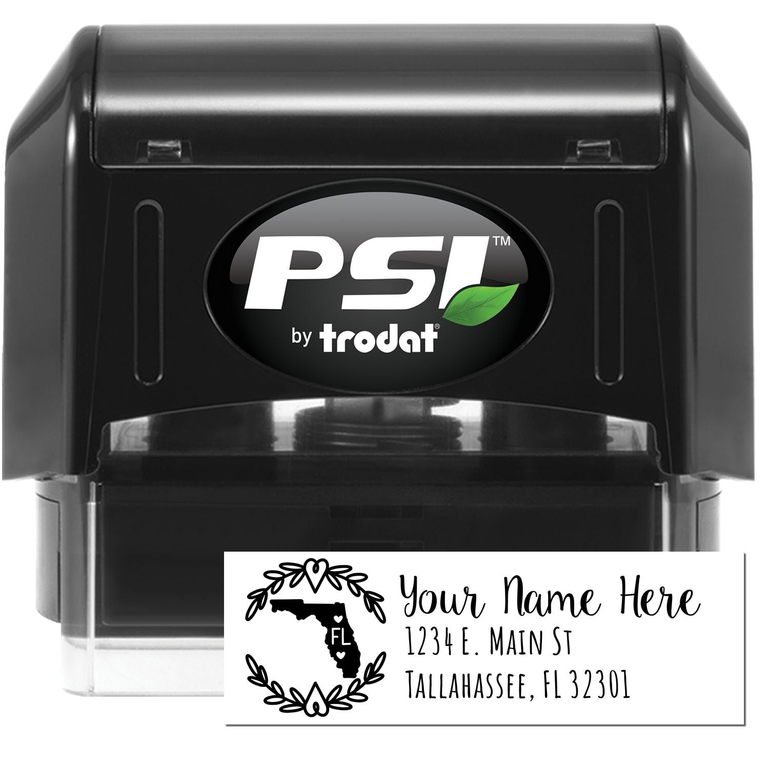 PSI Pre-Inked Florida State Customized Address Stamp with black casing, featuring a sample address and Florida state outline design.