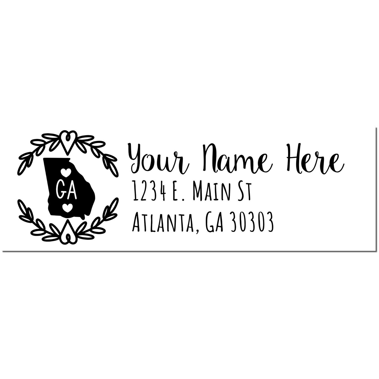 Georgia State Custom Return Address Stamp featuring a decorative outline of Georgia with hearts, surrounded by a laurel wreath. Includes customizable name and address fields in elegant script.