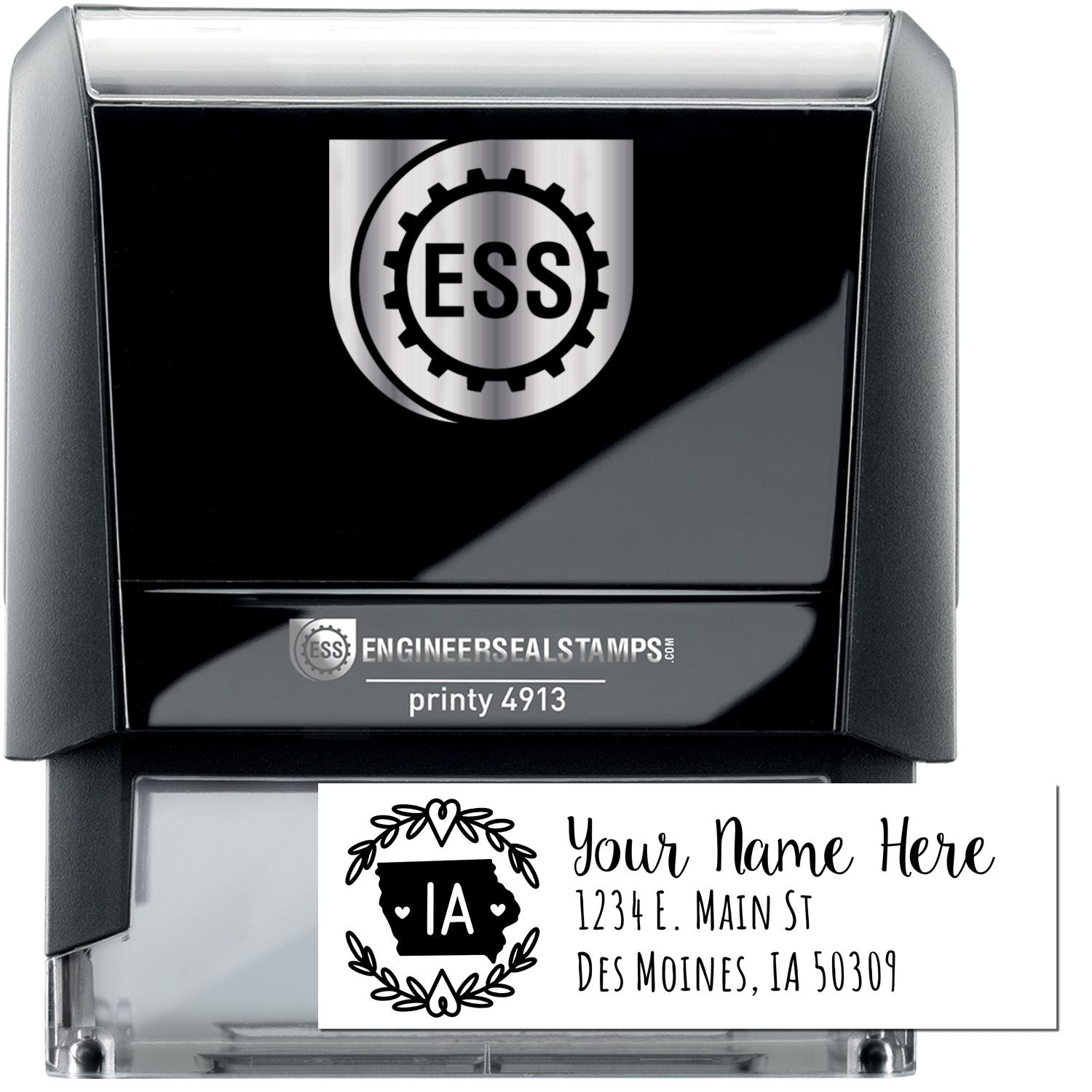 Self-Inking State Wreath of Iowa Address Stamp with IA in a decorative wreath design. Features customizable address text: 1234 E. Main St, Des Moines, IA 50309. Black casing with ESS logo.