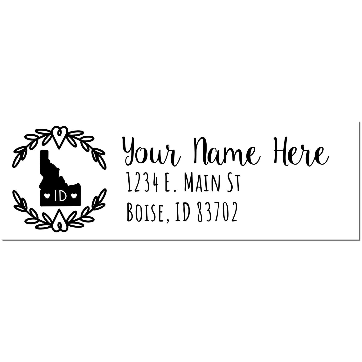 Idaho State Custom Return Address Stamp featuring a heart-accented Idaho outline, personalized name, and address in elegant black font. Perfect for adding a personal touch to your mail.