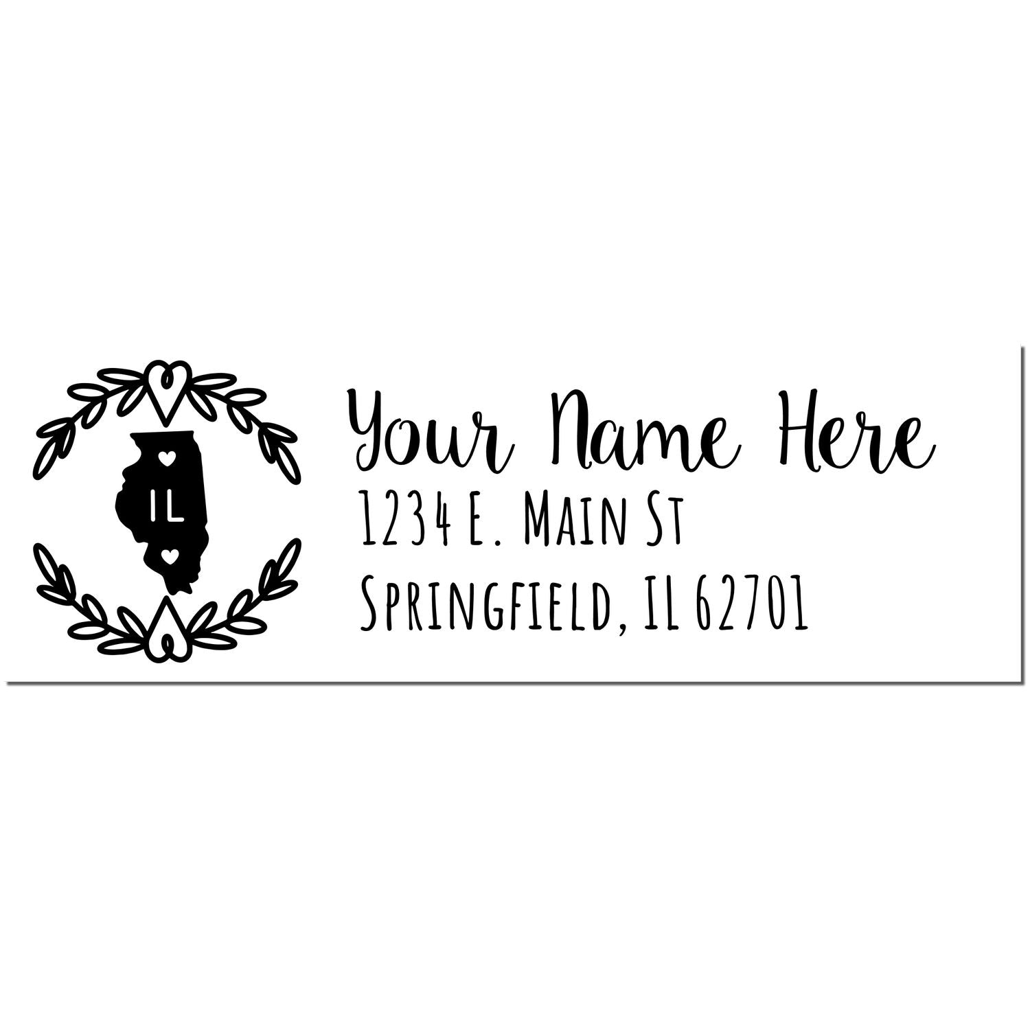 PSI Pre-Inked Illinois State Customized Address Stamp featuring a heart and leaf design with space for name and address, showcasing a black silhouette of Illinois.