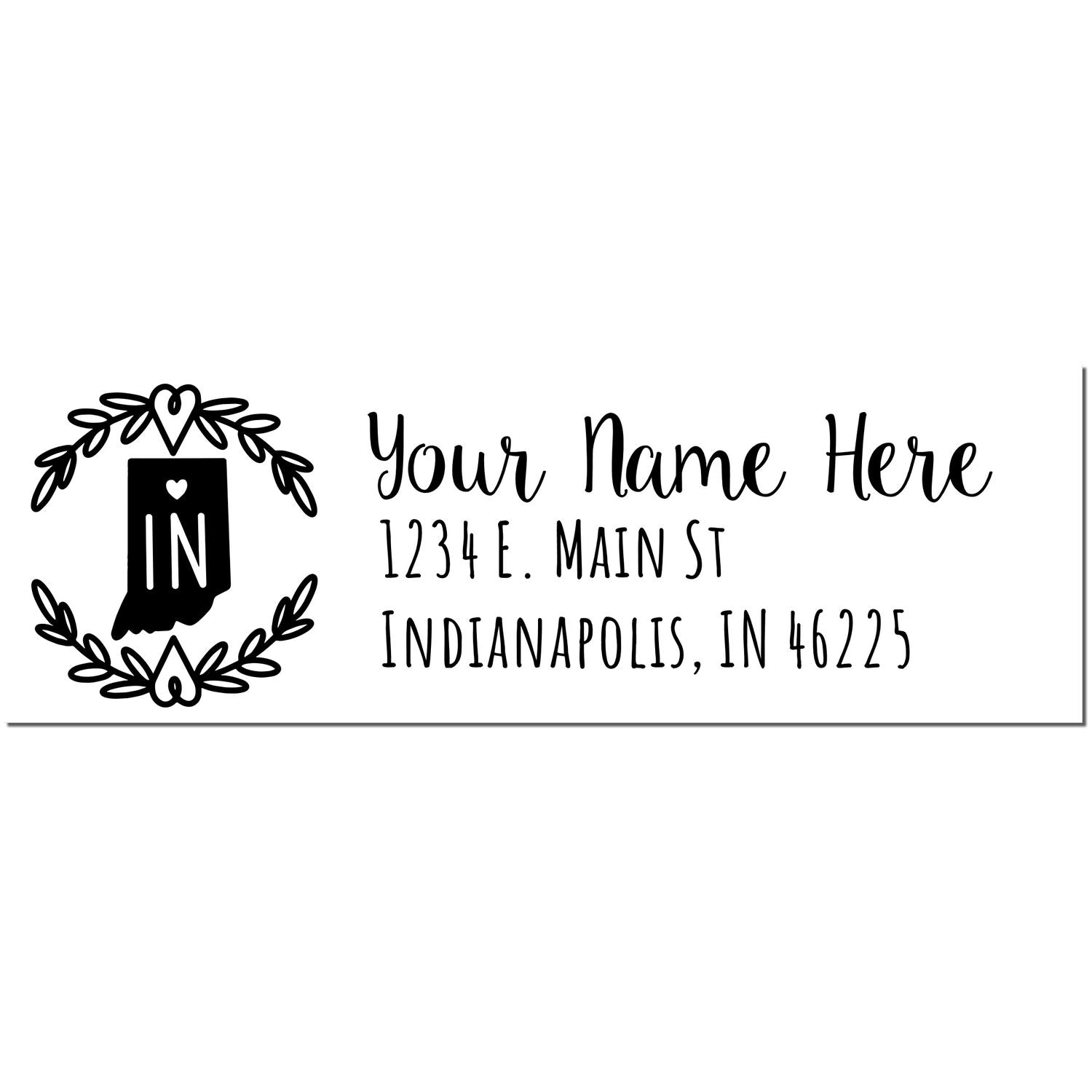 Indiana State Custom Return Address Stamp featuring a heart-accented state outline with IN inside, alongside customizable text for name and address in a stylish font. Perfect for personalizing mail.