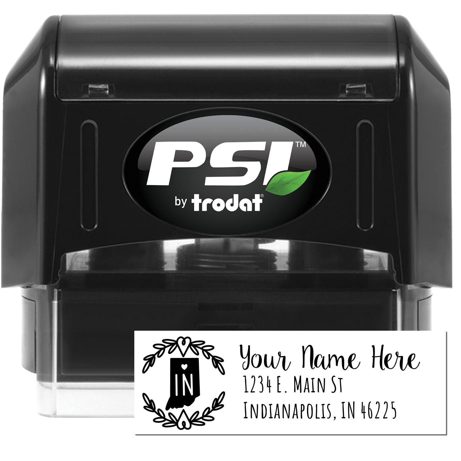 PSI Pre-Inked Indiana State Customized Address Stamp, featuring a sleek black design with a sample address. Ideal for personalized stamping needs in Indiana.