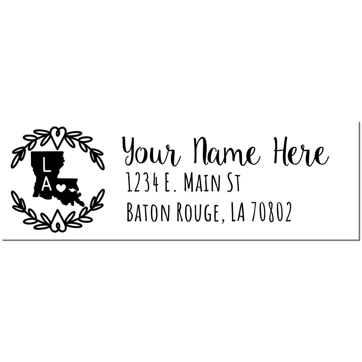 PSI Pre-Inked Louisiana State Customized Address Stamp featuring a decorative Louisiana map design with space for personalized name and address in elegant font.