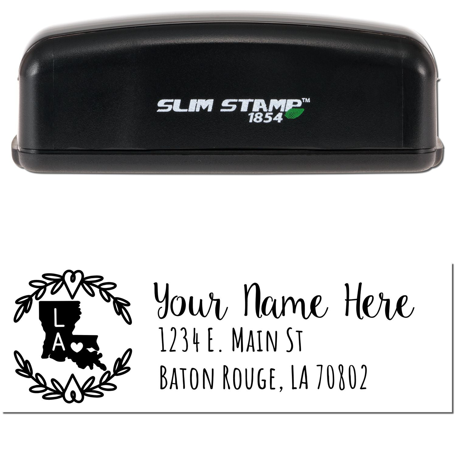 Image of a Slim Louisiana Personalized Pre-Inked Address Stamp with a black casing. Below, a sample imprint shows a customizable name and address with a Louisiana state outline and heart design.