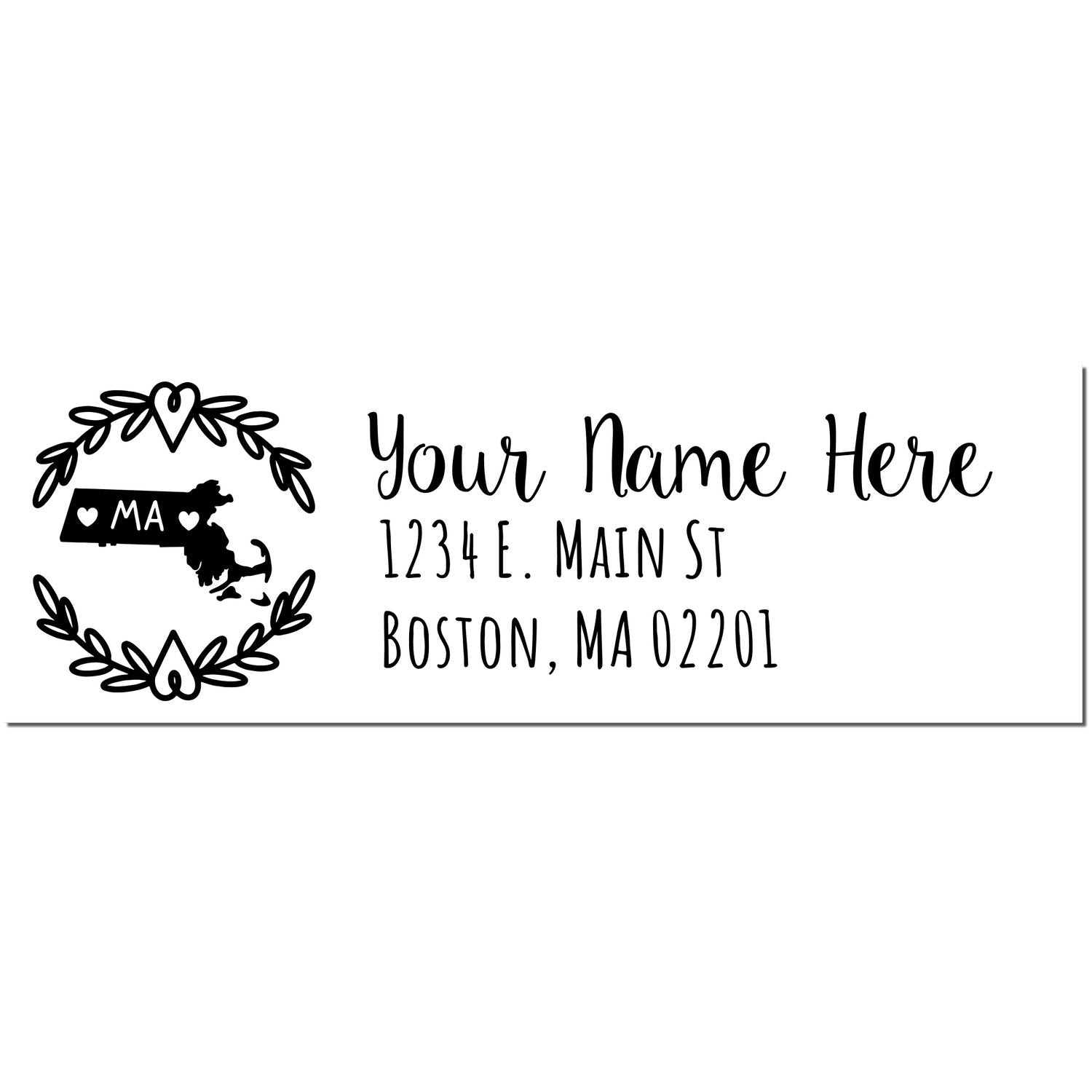 Massachusetts State Custom Return Address Stamp featuring a heart-accented state outline and elegant script for personalized addresses. Perfect for adding a personal touch to your mail.