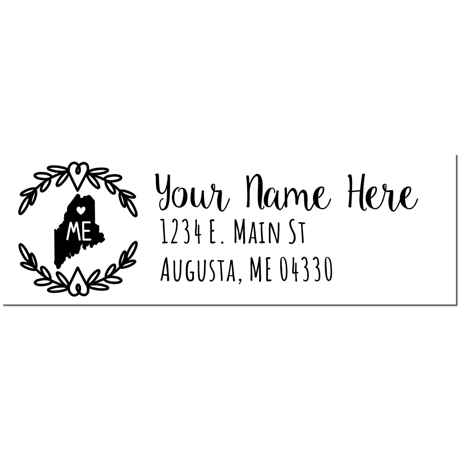 Slim Maine Personalized Pre-Inked Address Stamp featuring a heart design with ME inside, customizable name, and address fields. Perfect for adding a personal touch to your mail.